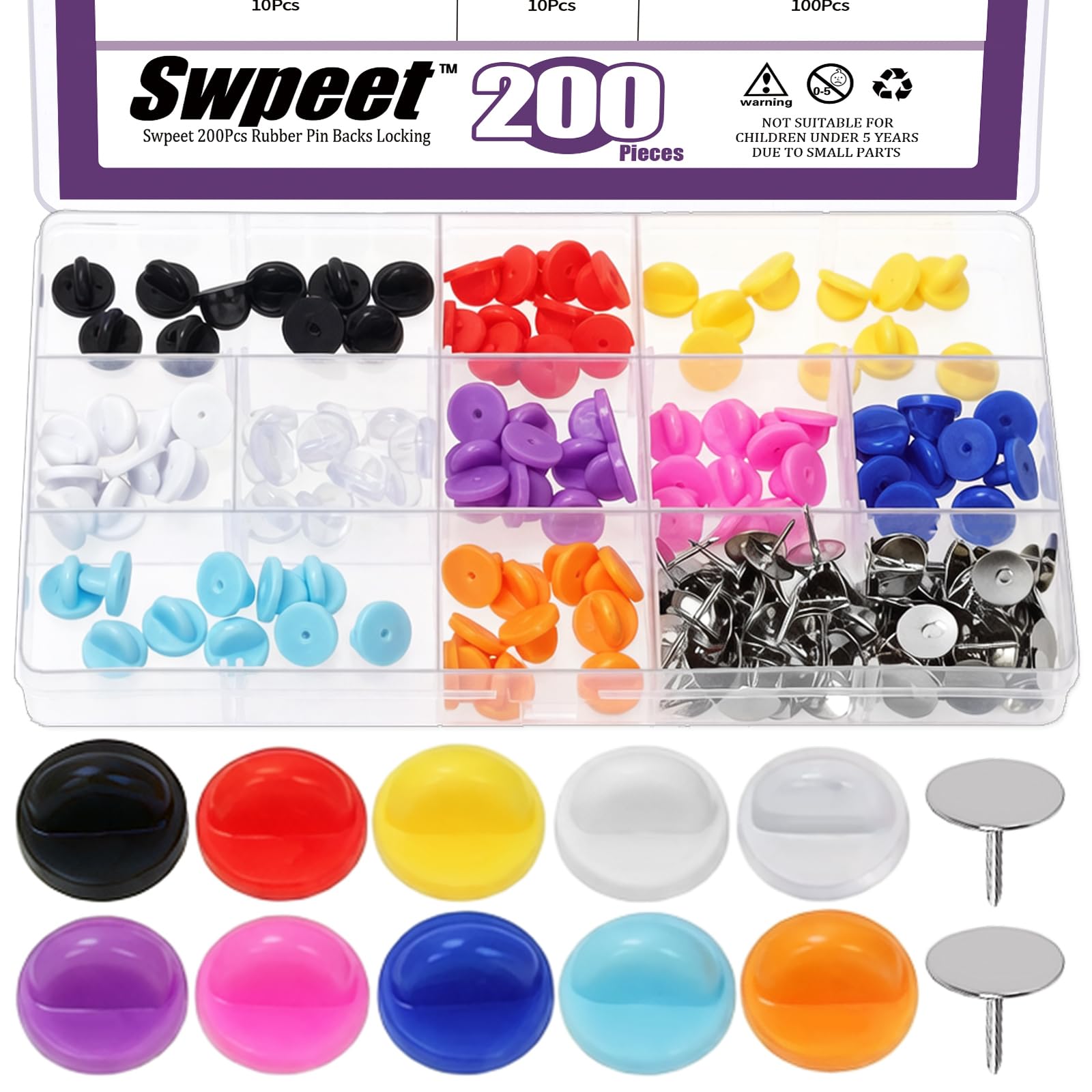 Swpeet 100Pcs 10 Colors PVC Rubber Pin Backs Locking with 100Pcs Blank Pins Assortment Kit, Silicone Pin Locks, Pins Safety Backs, for Securely Holding Uniform Badges Brooch Lapel Hats