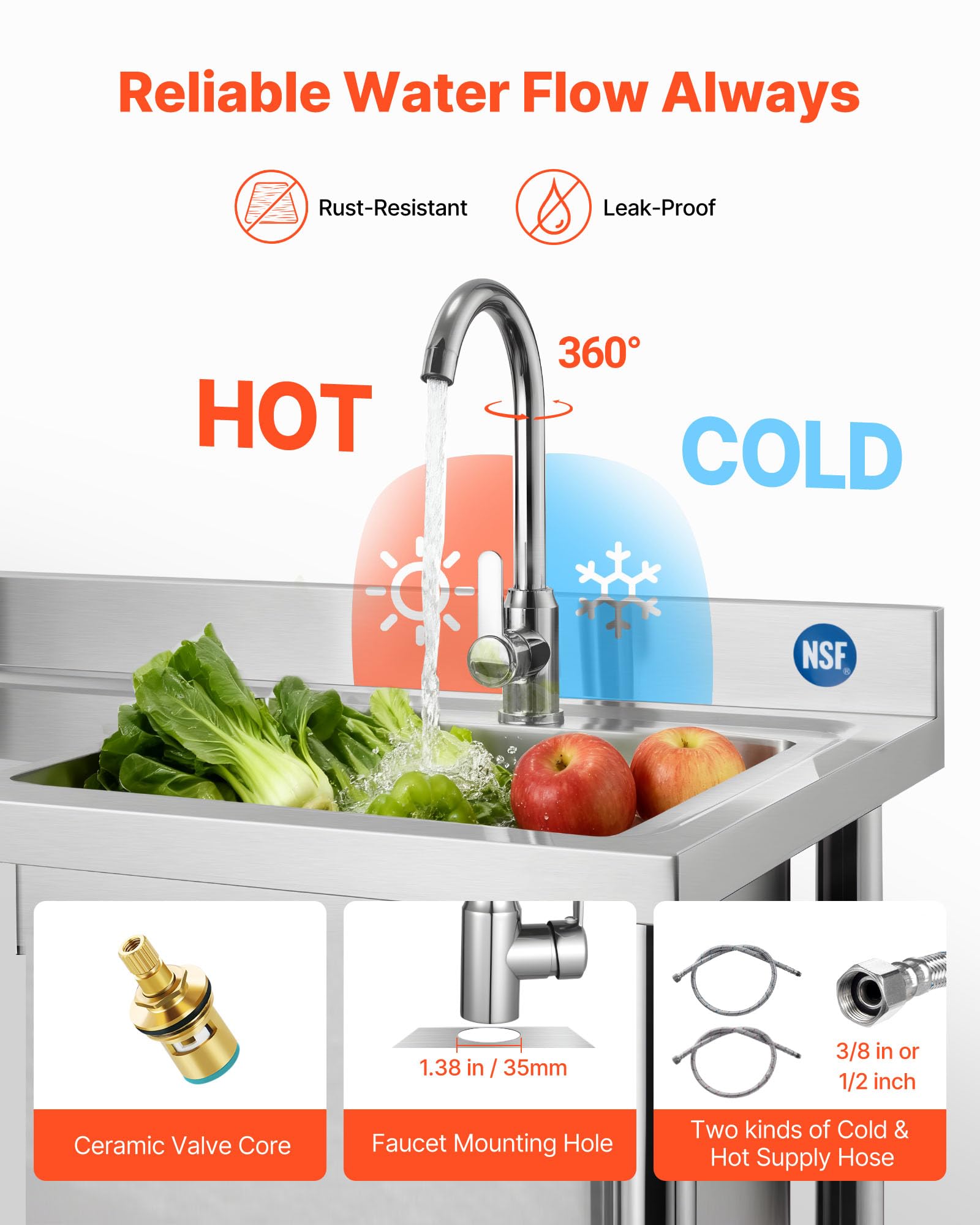 VEVOR Lavello in Acciaio Inox 100 x 50 x 94 cm, Vasca Singola con Rubinetto e Ripiano, Lavello da Cucina per Garage, Ristorante, Lavanderia, Lavabo da Esterno con Piano di Lavoro Sinistra
