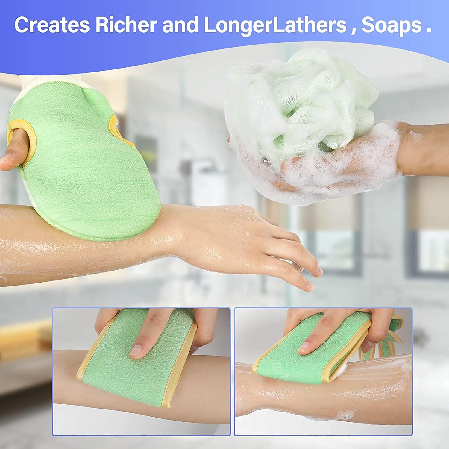 LYDL 3PCS Bathing Exfoliating Set Back Scrubber,Sponge Loofah Ball,Loofah Glove|Double Side Scrubbing Strap|Dead Skin Remove Body Scrubs for Men&Women for Skin Deep Cleaning (Random Color) (Pack of 1) 4