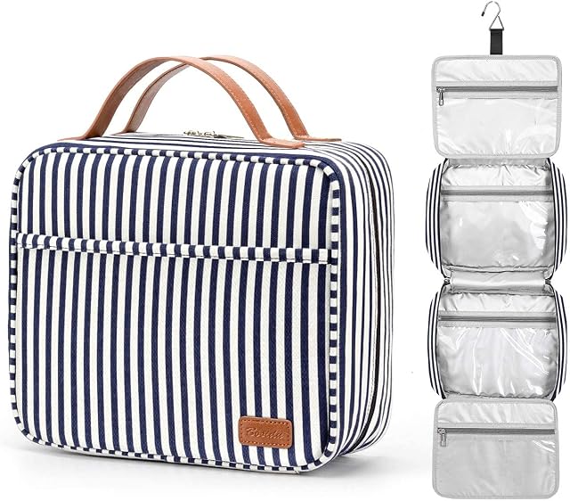 Bosidu Sac de toilette suspendu pour les femmes, Grande capacité imperméable sac de toilette avec 4 Compartiments & 1 Crochet robuste, idéal pour les voyages ou l'utilisation quotidienne (Navy Blue & Blanc rayé)