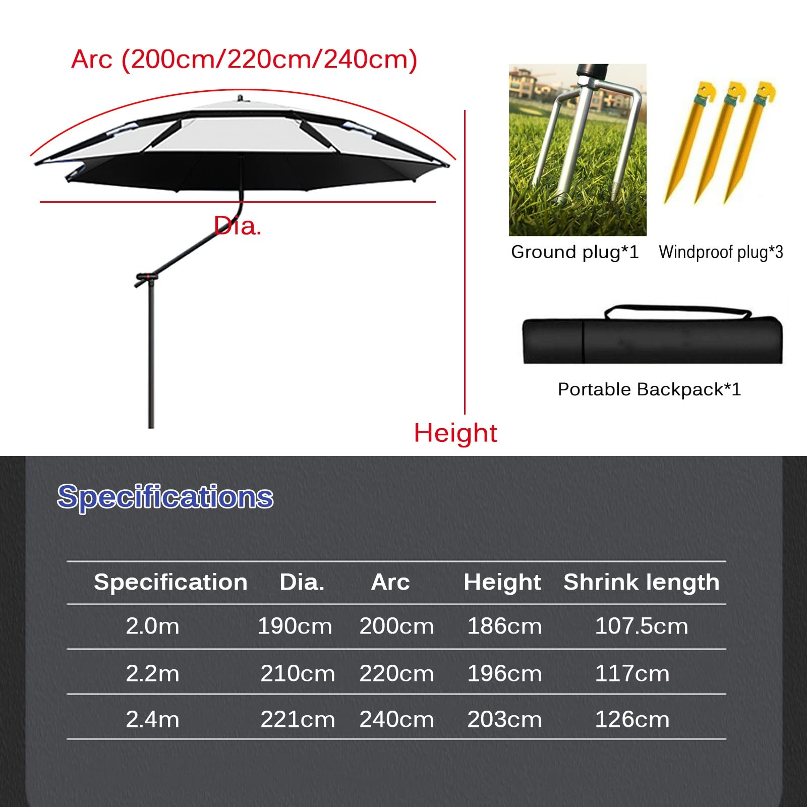 Zewnętrzny parasol ogrodowy parasol wiatroszczelny dwuwarstwowy parasol wędkarski i kempingowy wodoodporna osłona przeciwsłoneczna 2 m/2,2 m/2,4 m długość łuku dla najlepszej ochrony przed