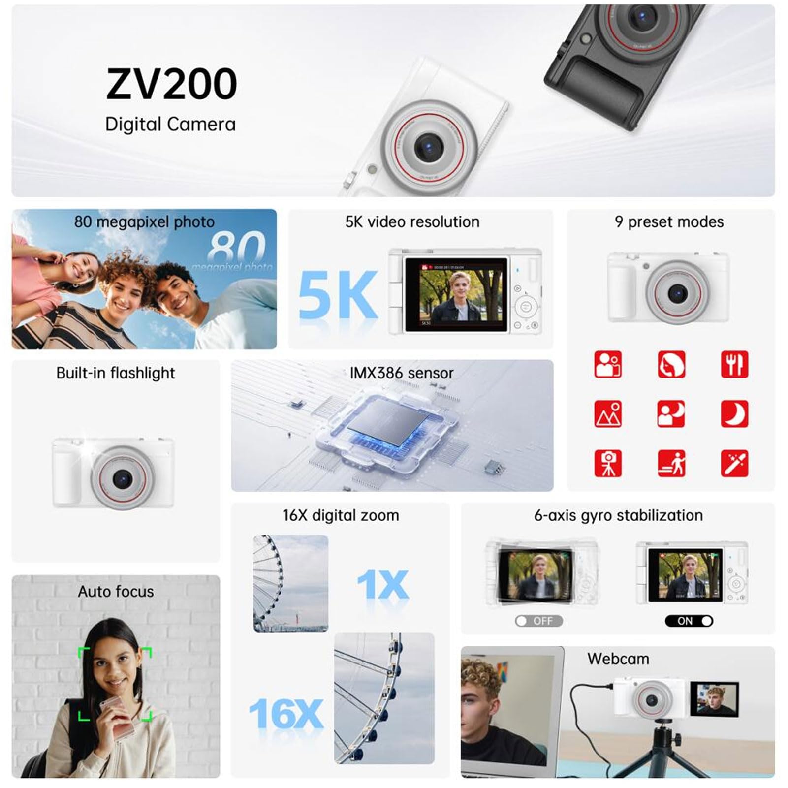 Vlog Camera 2.8 Pollici Flip Screen, Video 5K30 80M Foto Zoom Digitale F1.8 Grande Apertura Adatto per Vlogging, Live Streaming, Webcam USB (Bianco)