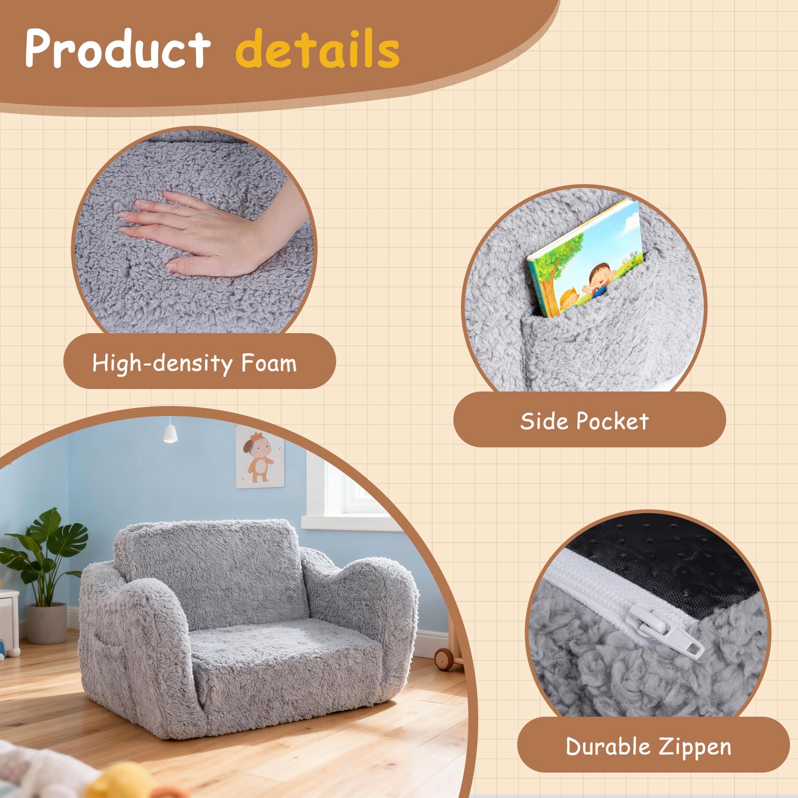 Kindersofa Ausklappbar, 2-in-1 Kleinkinder Schlafsofa, Kindersessel mit Schlaffunktion, Mini Couch für Kuschelecke Kinderzimmer, Fancy Spielsofa für Jungen und Mädchen im Alter von 1–3 Jahren