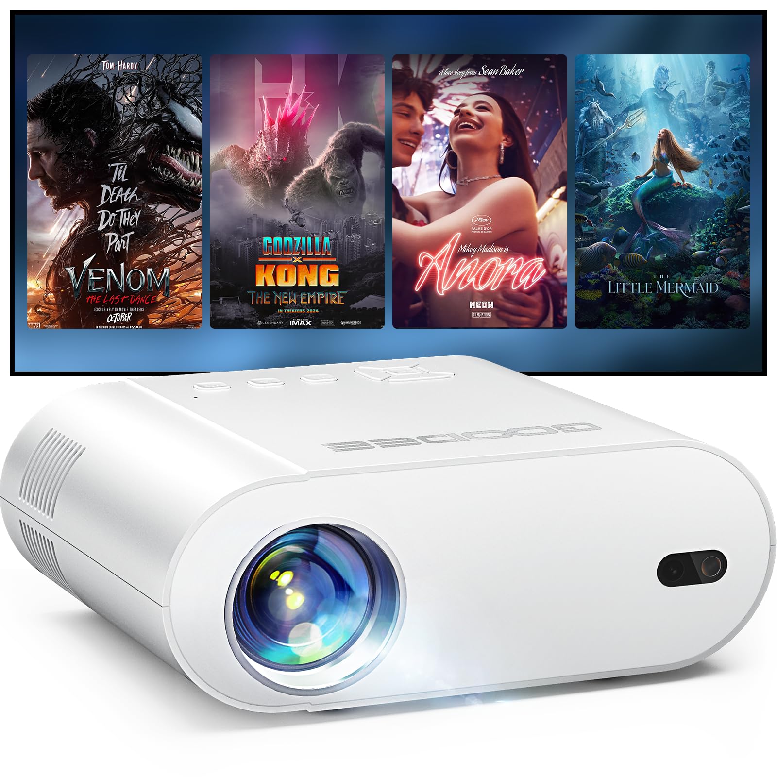 GooDee Smart Viedo Projector 4K with WiFi and Bluetooth, 1000ANSI Brightness Auto Keystone Focus Mini Movie Projector Portable for Home Theather Indoor/Outdoor