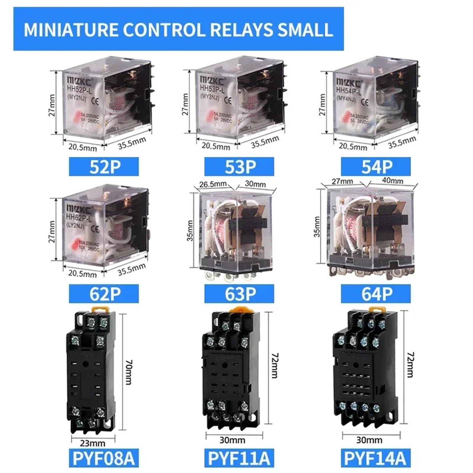 Miniaturowy przekaźnik sterujący, 10 sztuk/partia, mały przekaźnik pośredni AC12V DC24V AC220V HH52P HH53P HH54P HH62P HH63P HH64P MY2NJ MY3NJ (24 V, HH54P Base)