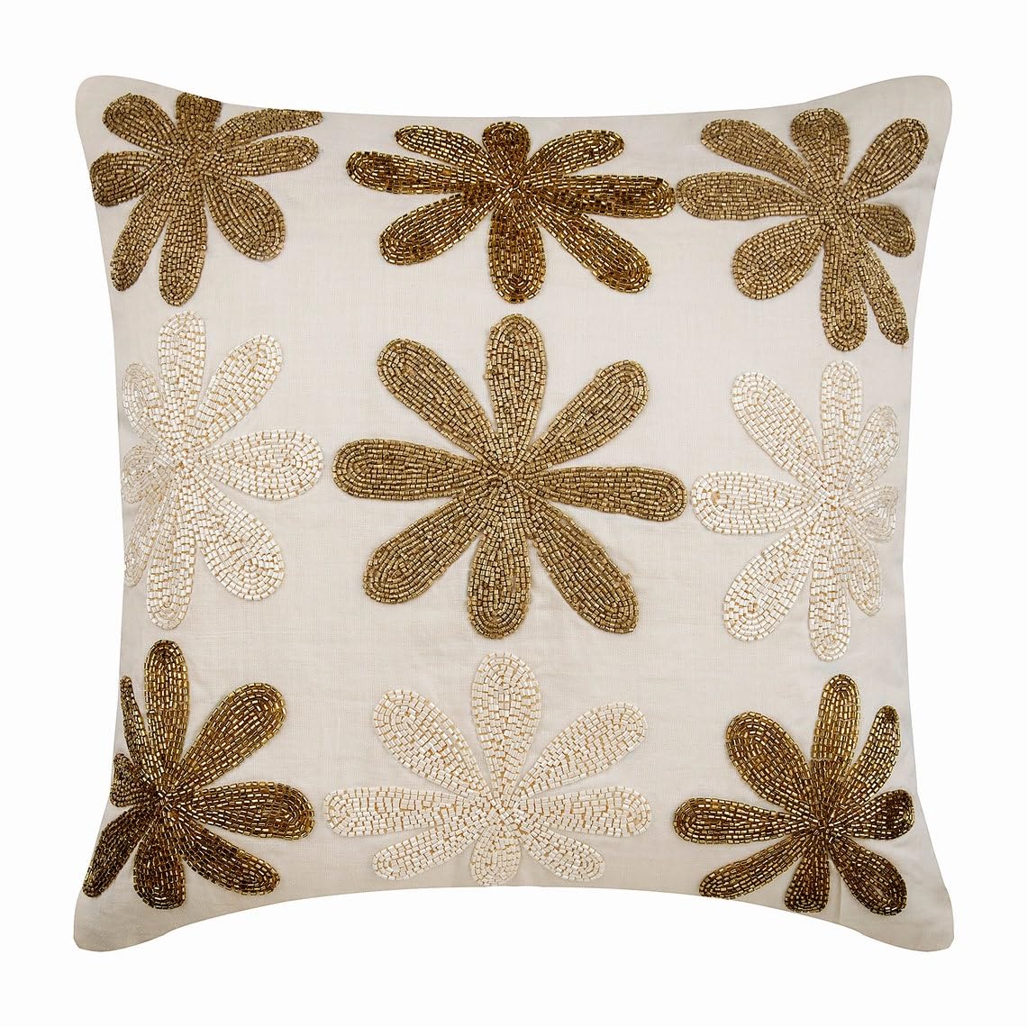 The HomeCentric Decorative Cushions Cover For Couch, Square Gold and Ivory Floral Beaded 45x45 Cotton Linen Cushion Covers, Ivory Cushion Covers Pack of 2, 45x45 cm (18"x18"), Modern - Floral Geisha