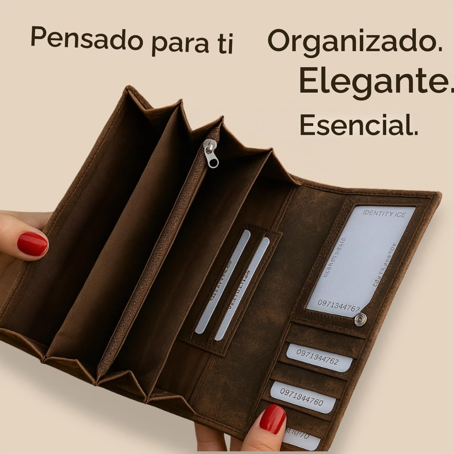 iulius Cartera de Cuero para Mujer, Solapa Piel Vacuno, Color café, Cierre metálico, múltiples Compartimentos, 19x11x3 cm, Elegante y Funcional