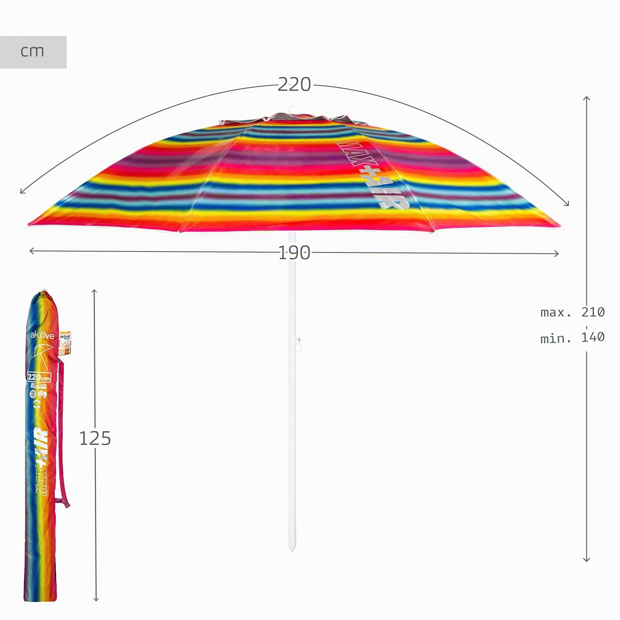 AKTIVE Ombrellone da spiaggia, 220 cm, antivento, tetto ventilato, palo da 28-32 mm, protezione UV 50, borsa portaoggetti inclusa, spiaggia