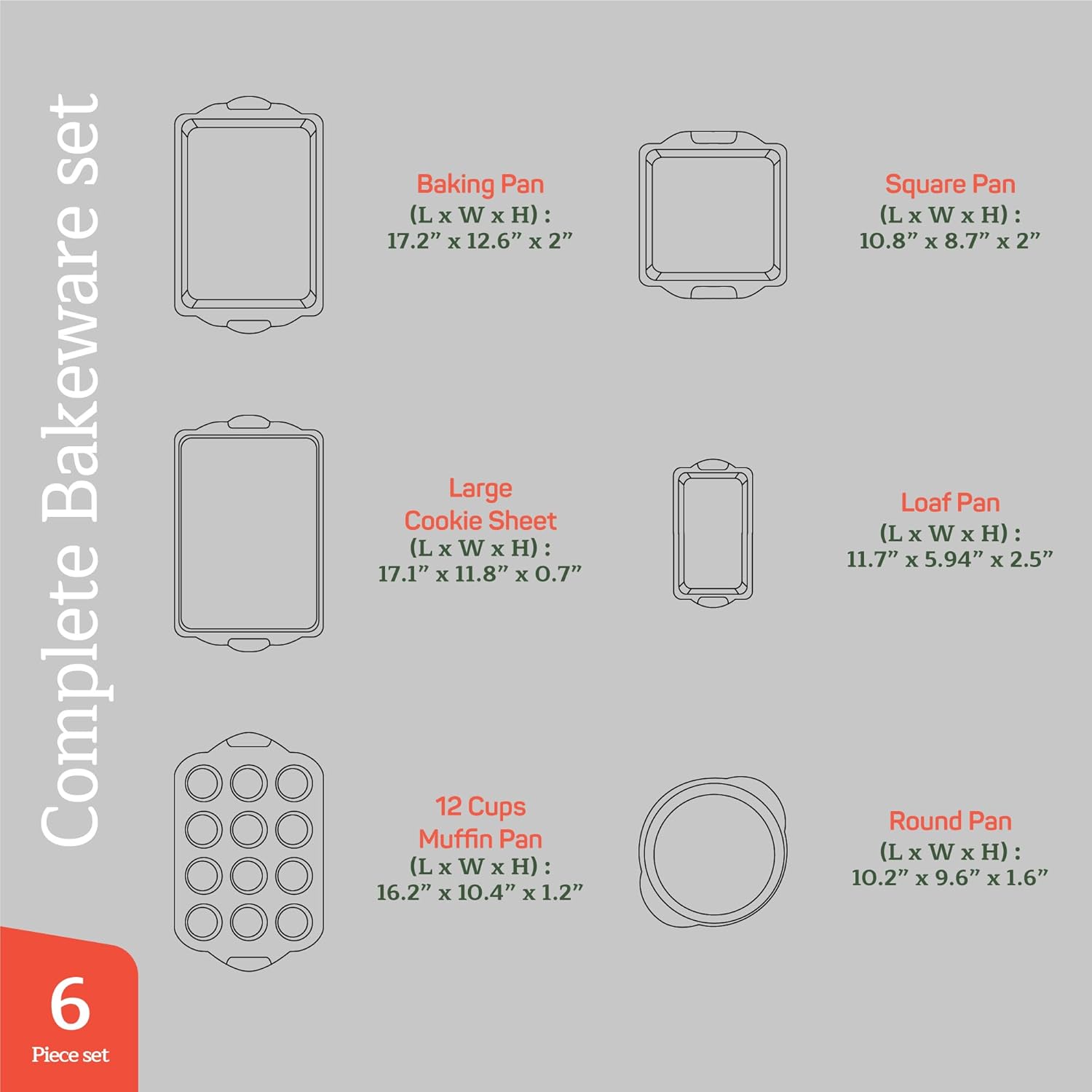 Baking Pan Set - Nonstick Coating, Carbon Steel Bakeware Set with Red Silicone Handles, PFOA, PFOS, PTFE Free, Recipe Booklet Included, Oven Safe Tray (Up To 450° F), Set of 6 - Black - Image 2