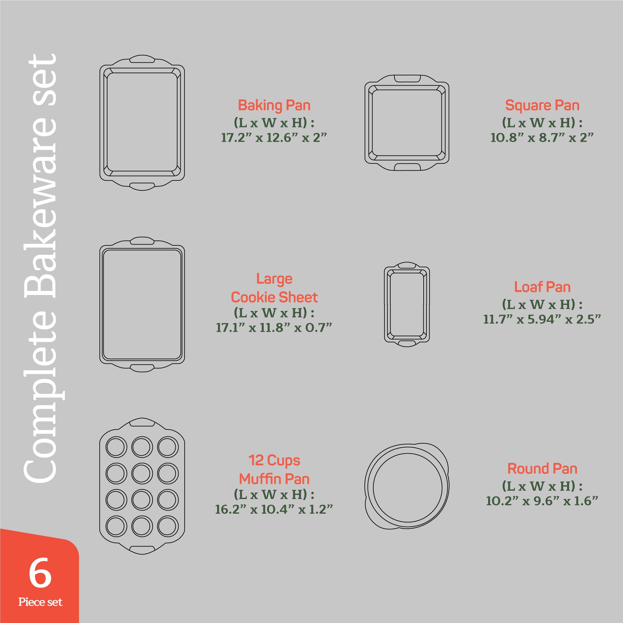 Emporio Kitchen Juego de 6 sartenes para hornear, revestimiento antiadherente, acero al carbono con asas de silicona gris, PFOA, PFOS, PTFE, folleto de recetas incluido, bandeja apta para horno (hasta