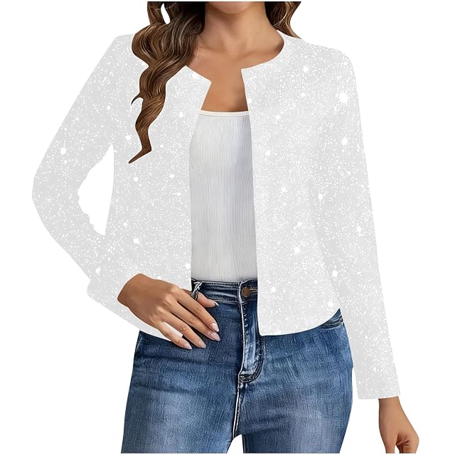 Womens Sparkly Sequin Cardigan Dressy Long Sleeve Open Front Party Casual Cropped Coats Glitter Shiny Thin Jackets