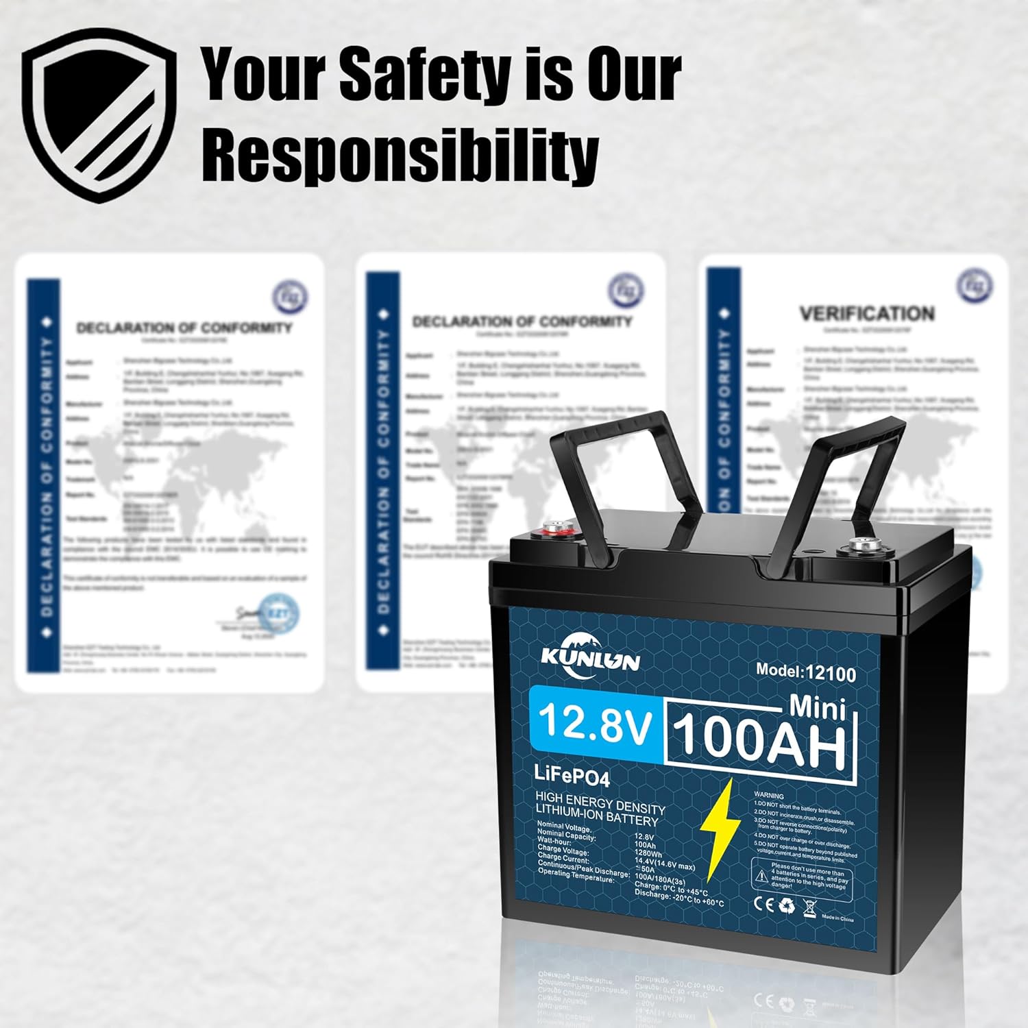 KUNLUN 12V 100Ah LiFePO4 Lithium Battery (Mini) Group 24 15000 Deep Cycle, 10-Year Lifespan, Built in 100A BMS, Low-Temperature Protection, fo Marine, RV, Solar Systems and Home Energy Storage