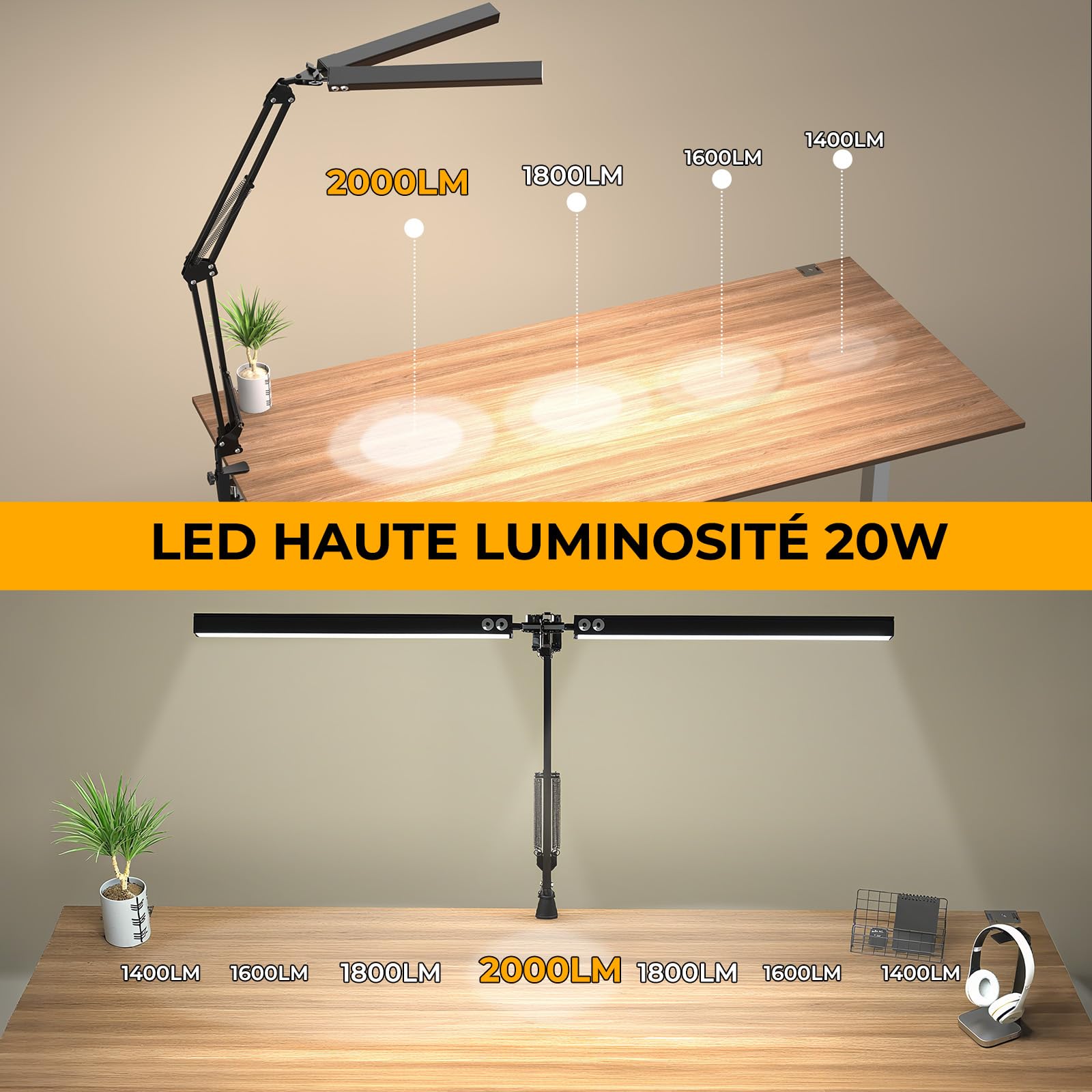Lustaled 20W 2000LM Lampe de Bureau LED Pince Double Tête Dimmable | 3 Couleurs & 10 Luminosités, Protection des Yeux, Noir Lampe Bureau Puissante avec Prise pour Architecte, Ecran PC, Dessin