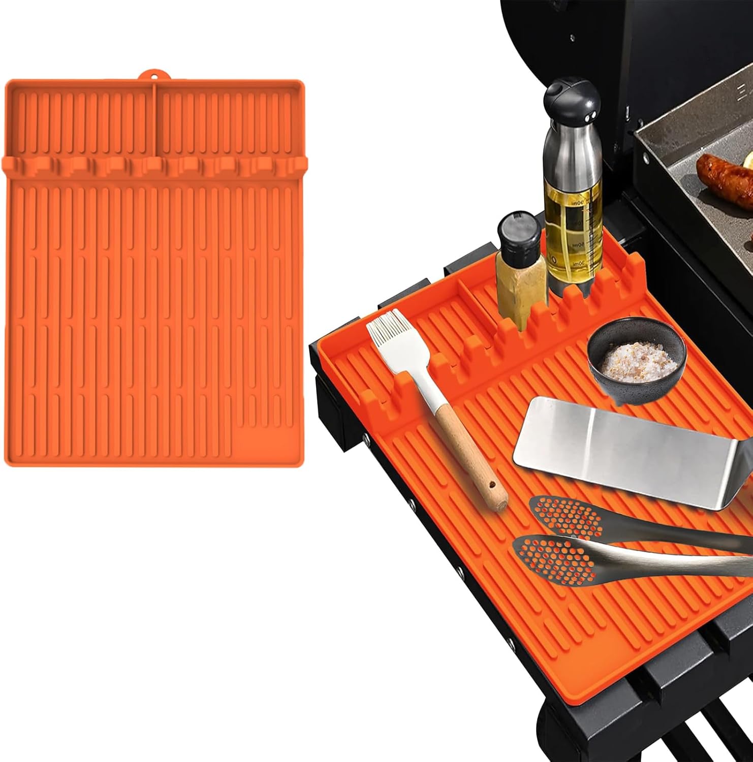 3 in 1 Grill Side Shelf Mat,Side Shelf Mat for Blackstone Silicone Grill Pad for Outdoor Grill Kitchen Counter Large Silicone Spatula Mat with Drip Pad, Blackstone Grill Accessories(Orange)