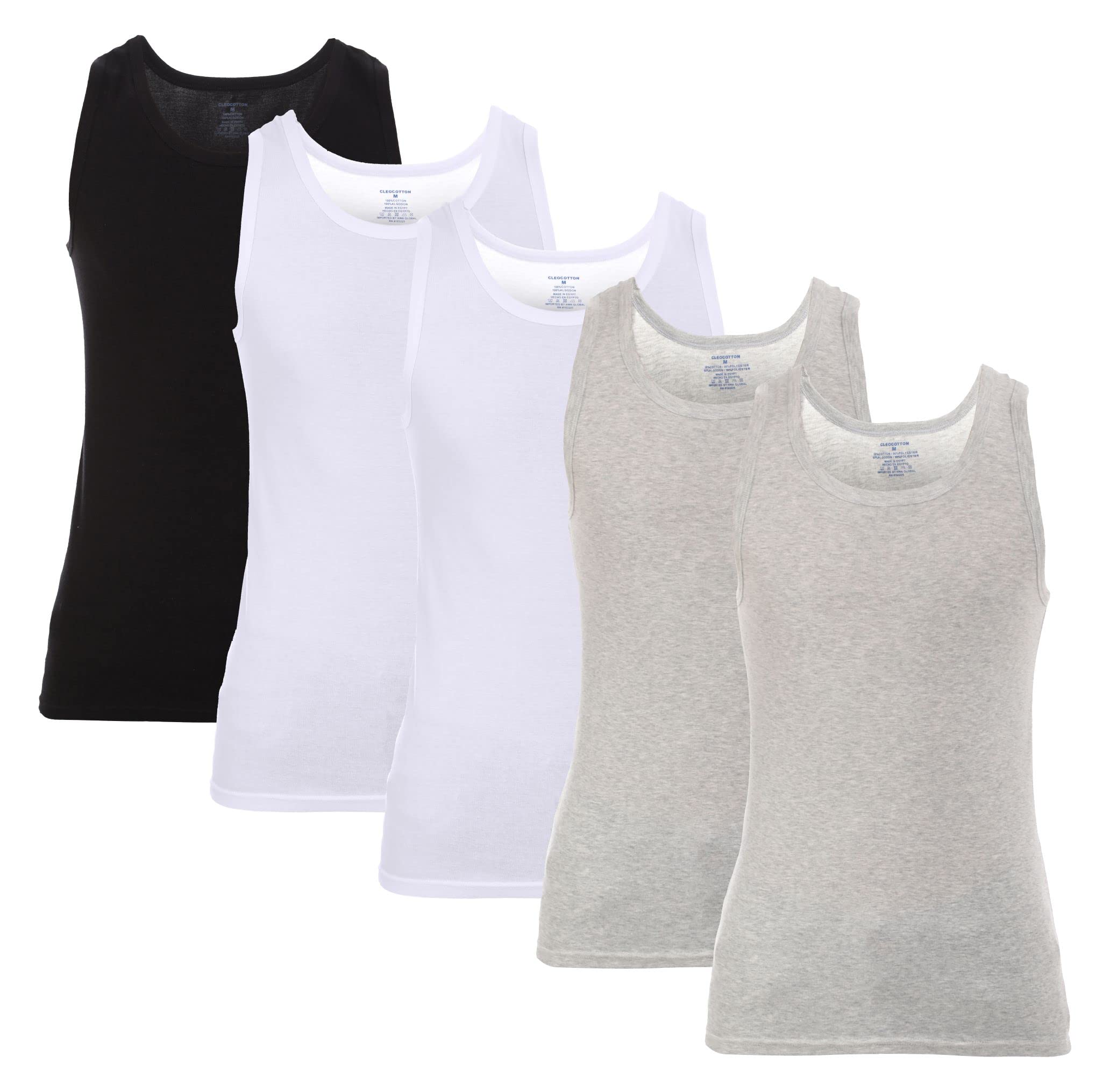 Cleocotton5-Pack Mens Tank Top, Rib Tank, Undershirt, Tag Free | Cotton Rich, Breathable, Ultra Soft (Made in Egypt)