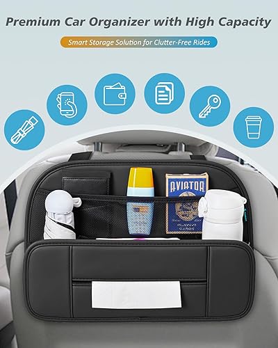 Miniatura 2 de FLORICH Organizador de asiento trasero de automóvil 5 en 1, bolsillo de almacenamiento de cuero premium con soporte para tazas, soporte plegable