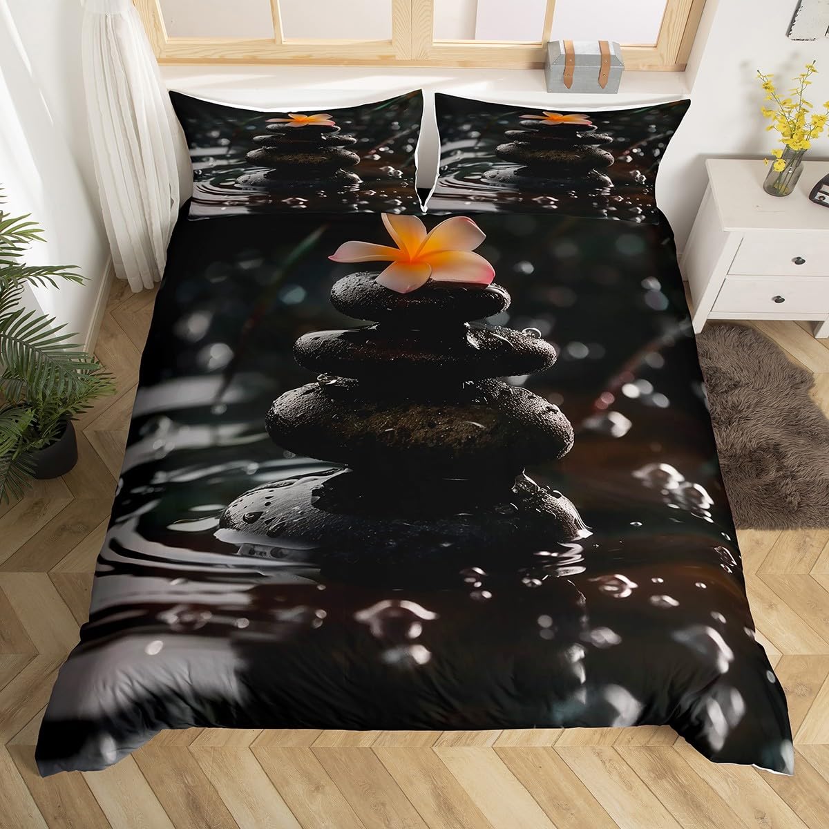 Homewish Black Zen Stone Comforter Cover,Lake Decor Super King Bedding Set Zen Duvet Cover for Kids Boys Girls Teens,Minimalism Quilt Cover