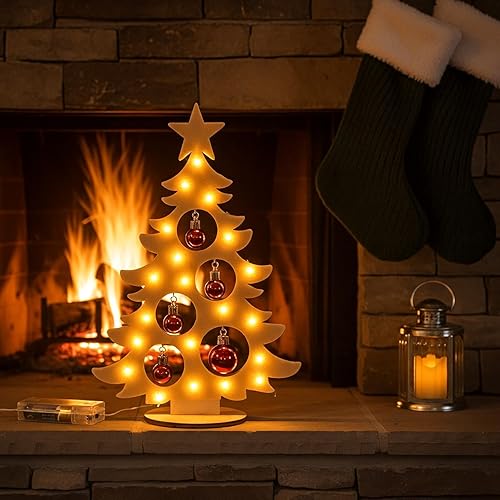 Miniatura 5 de Geelin Decoración de mesa de árbol de Navidad de madera de 12 pulgadas con luces y bolas de Navidad, adornos rojos de Navidad de mesa para chimenea