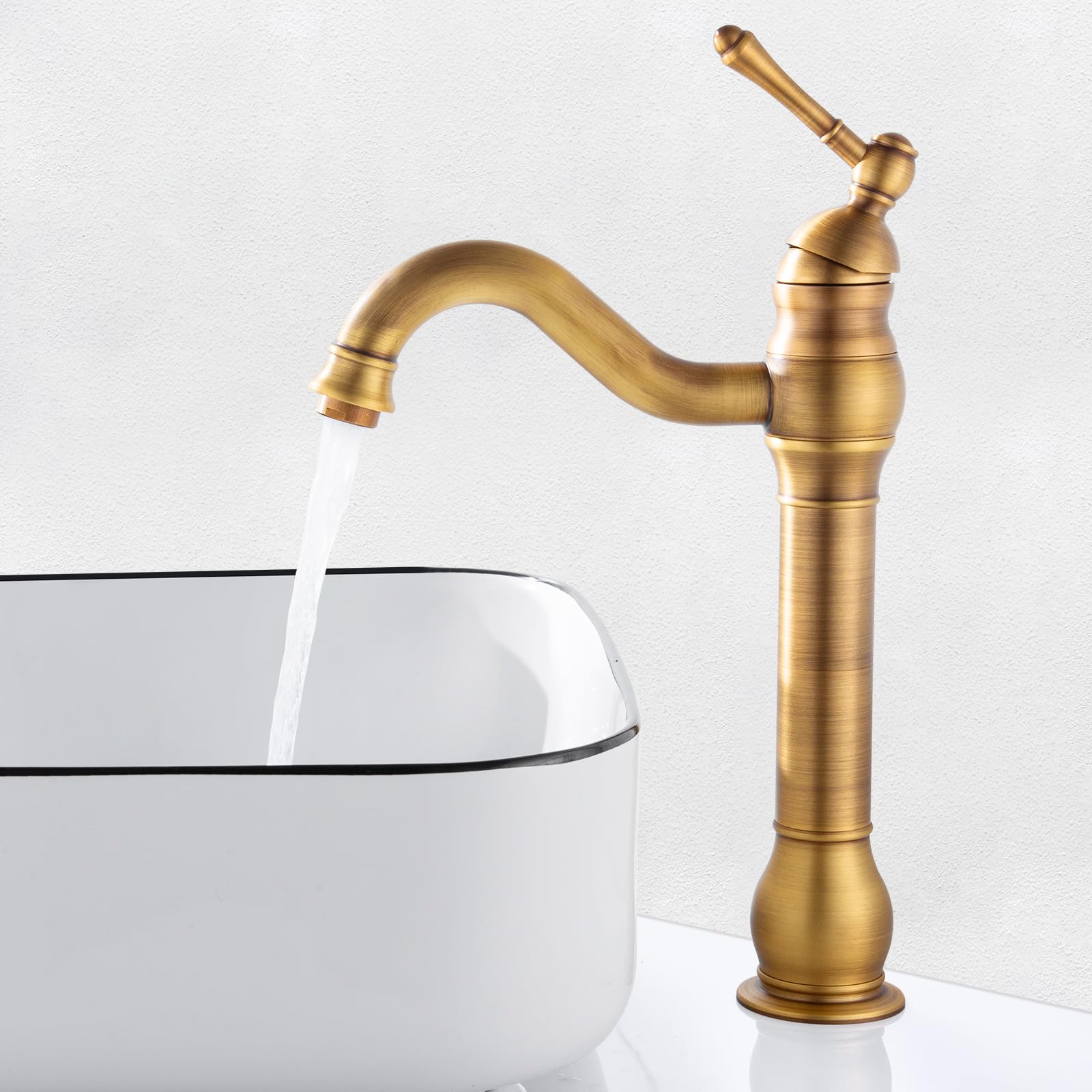 Robinet Salle de Bain Rétro Laiton Haut, Antique Mitigeur Lavabo Vasque avec bec Hauteur 230 mm, Pivotant à 360°Mitigeur Vasque Salle de Bain, Robinet Lave Main Chaude et Froide, G3/8