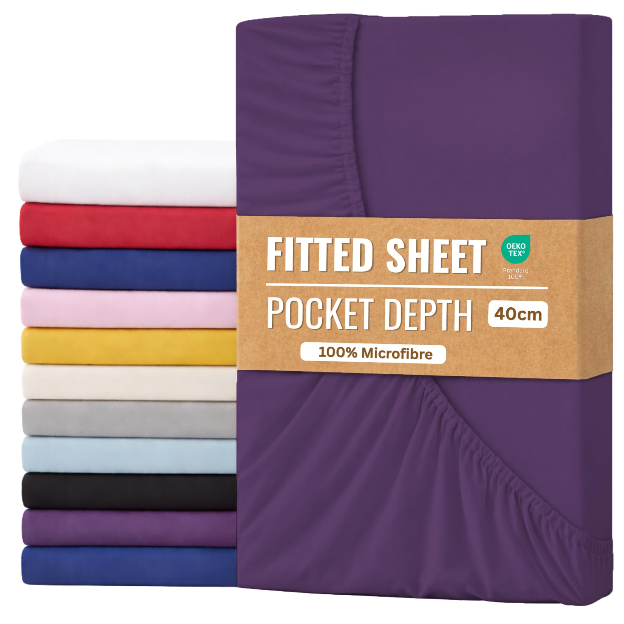 Fitted Sheet 40cm with Extra Deep Pockets - OEKO-TEX Certified Bed Sheet Single Size 90X190CM | Hotel Quality & Wrinkle Resistant | Brushed Microfibre Fitted Sheets (Purple)