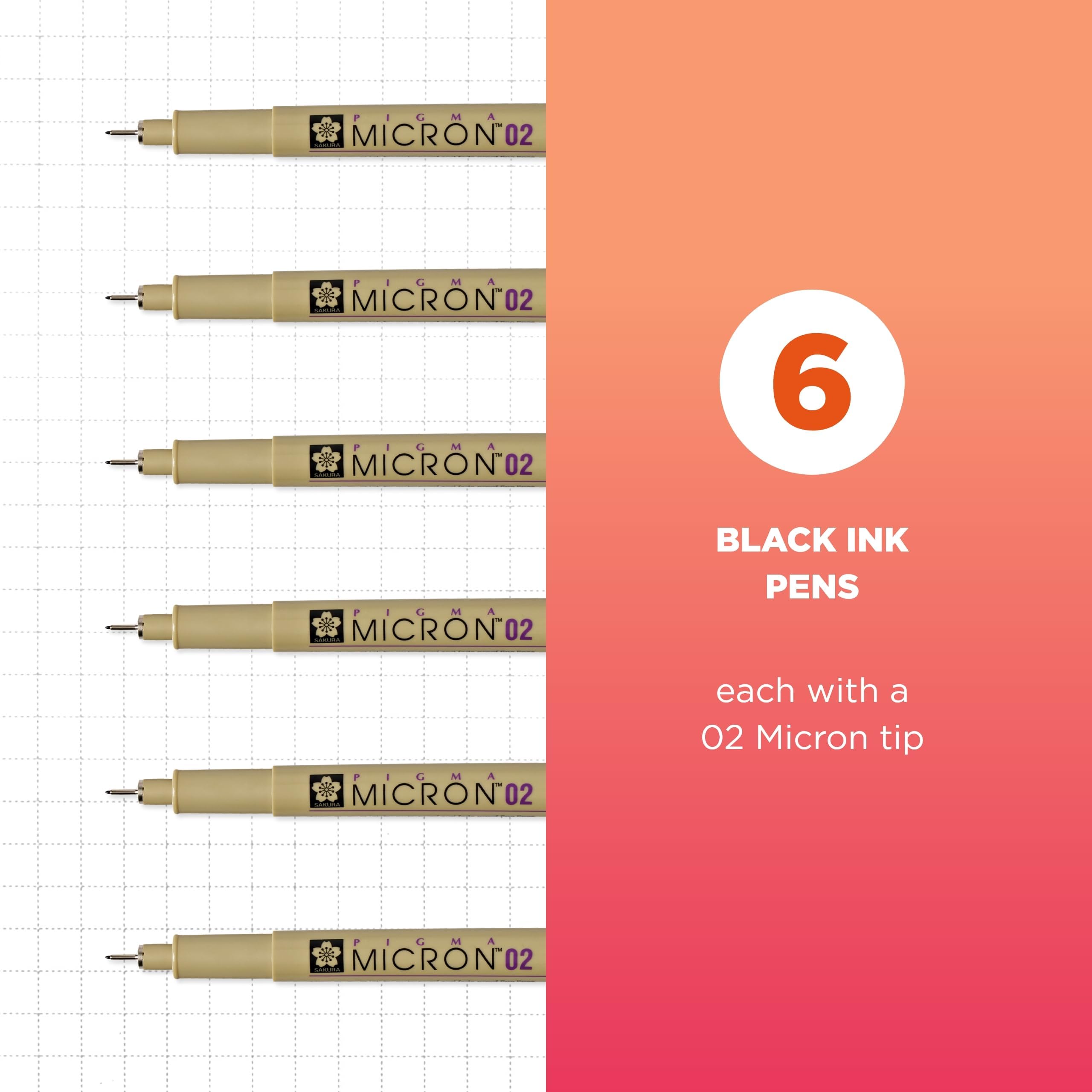 SAKURA Pigma Micron Fineliner Pens - Archival Black Ink Pens - Pens for Writing, Drawing, or Journaling - Black Ink - 02 Point Size - 6 Pack