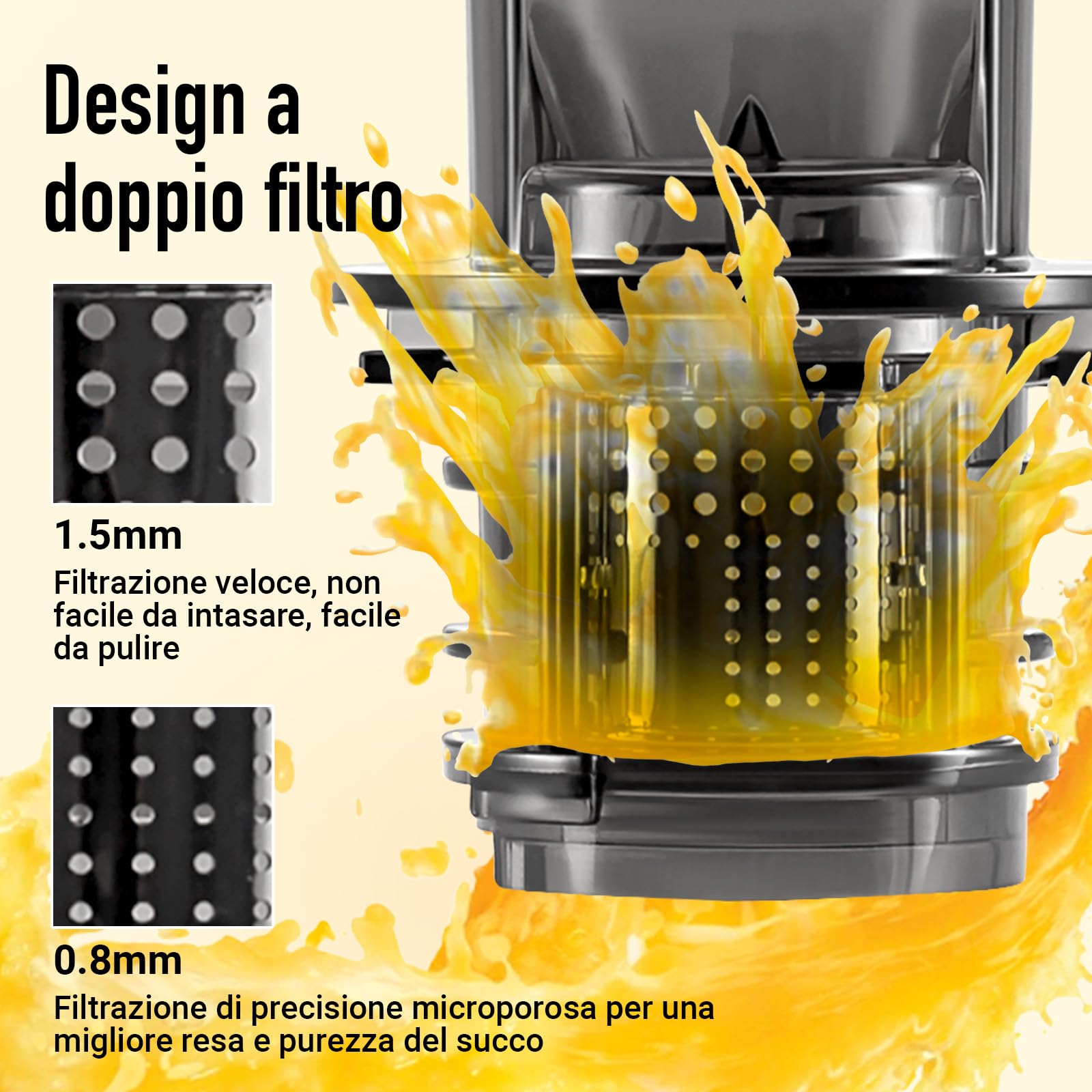 Ventray Ginnie Estrattore Frutta e Verdura - Slow Juicer 60 Giri/Min- Estrattore di Succo con Funzione di Masticazione Inversa, Facile da Pulire, Senza BPA, Cold Press, Spremiagrumi Elettrico, Giallo