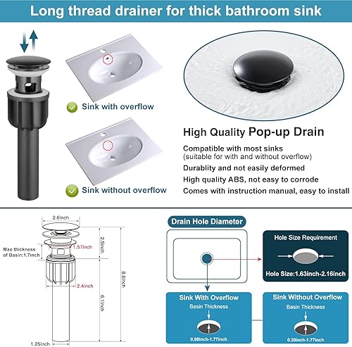 Miniatura 8 de Midanya Grifo de baño de cascada negro mate, 1 agujero, grifo de lavabo de una sola manija, boquilla ancha con drenaje desplegable y placa de