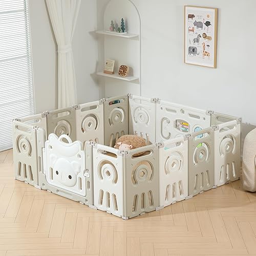 Corralito plegable para bebés y niños pequeños, 14 paneles extra grande, valla y puerta portátil para bebés, gris y blanco, de 6 meses a 3 años