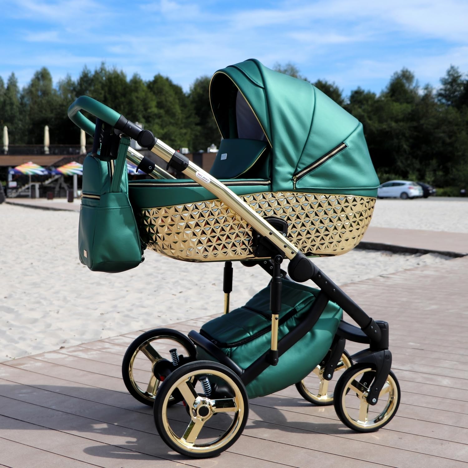 Passeggino Happy Gold Trio BBtwin ecopelle 3 pezzi passeggino bambino 3in1 pelle e oro dettagli dorati (verde)