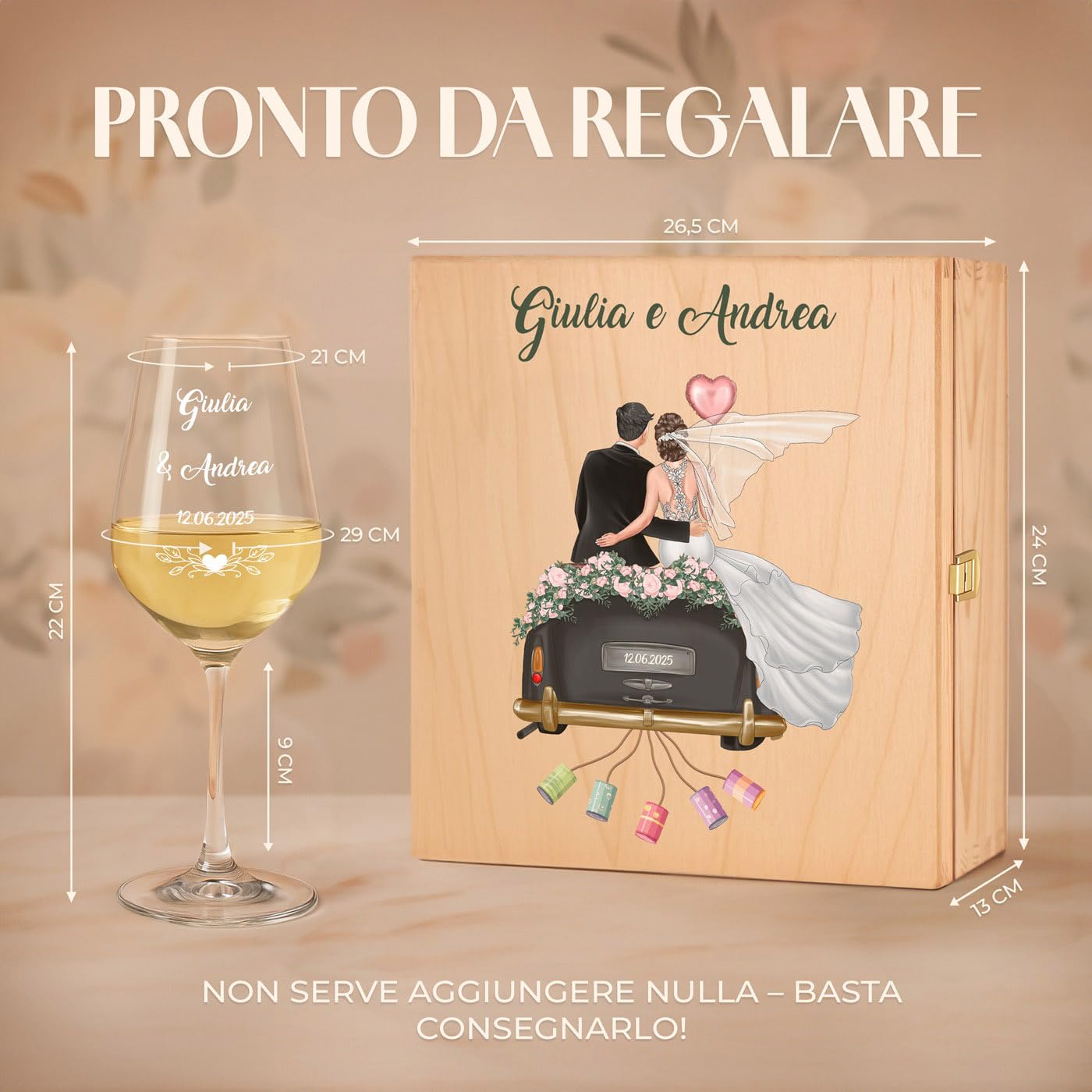 Maverton Calici Vino x2 Personalizzati - Bicchieri Vino Rosso o Vino Bianco 490 ml - Incisi per Lei e Lui - Scatola Legno Personalizzata - Regalo per Sposi e Coppia - Regali Personalizzati