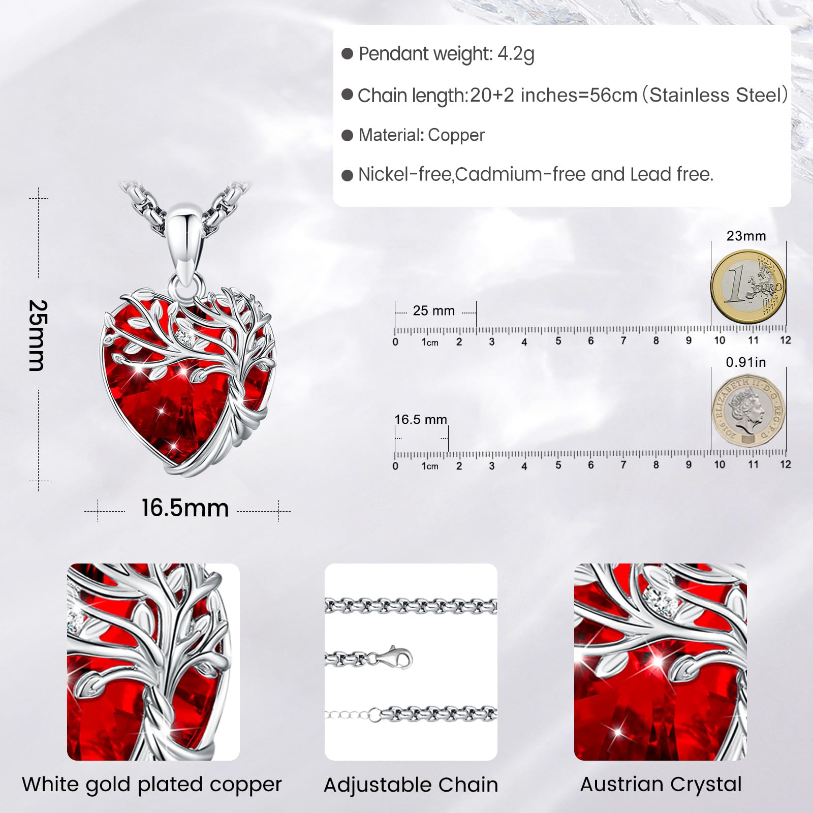 Eusense Collar Árbol de la Vida para mujer Collar Árbol Genealógico Colgante de Piedra Lunar Colgante con Corazón de Cristal Regalo de Joyería para Mamá Joyería Árbol de la Vida
