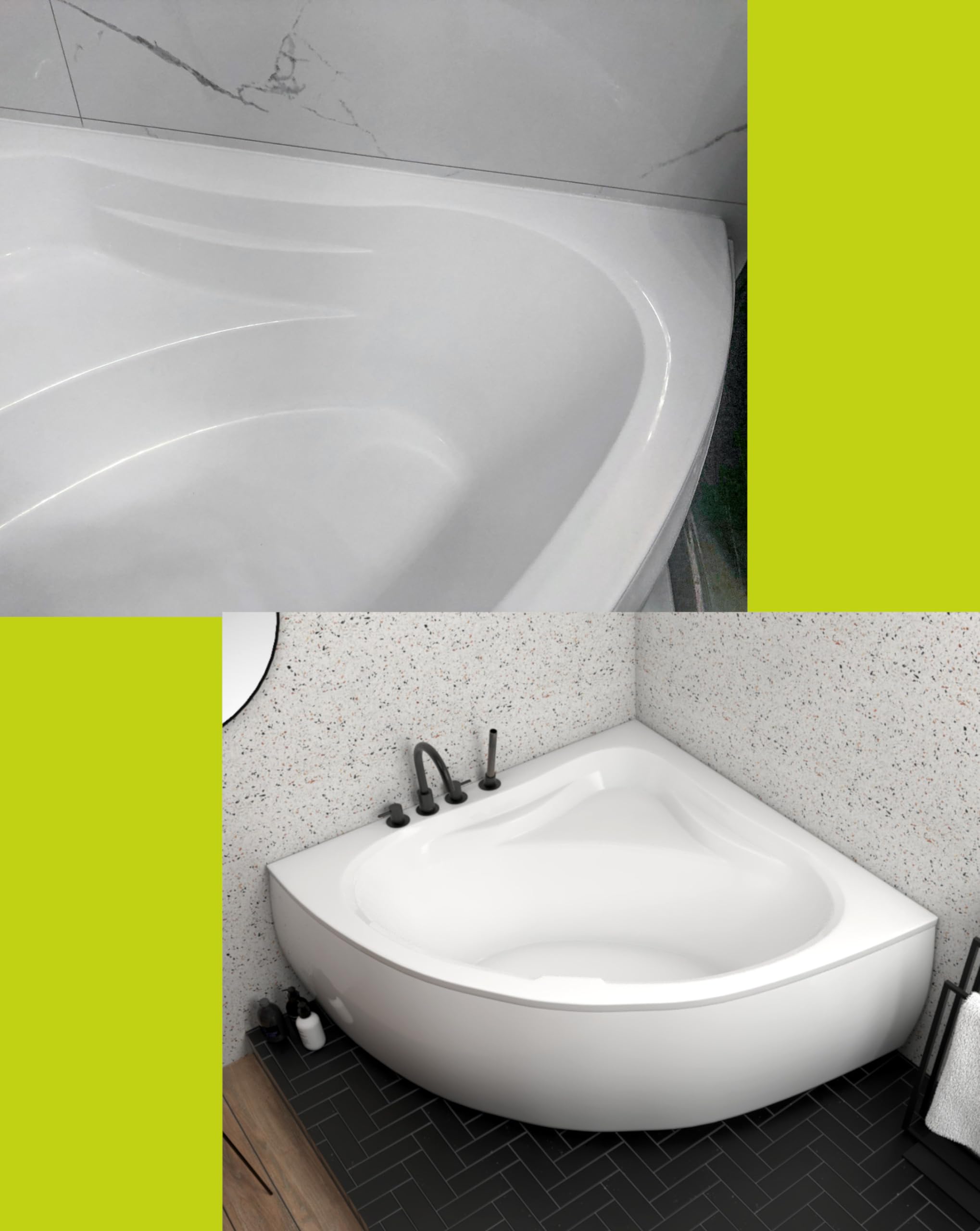ECOLAM Baignoire d'angle symétrique Mia 140x140cm + tablier | pieds siphon silicone | Belle forme | Set complet
