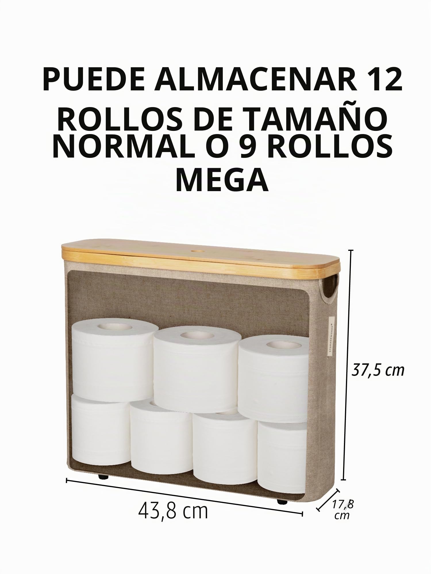 StorageWorks Cesto para Papel Higiénico con Tapa de Bambú (Capacidad 12 Rollos), Organizador de Accesorios para Baño, Cesta Papel Higienico de Baño, 44x18x37.5 cm, Combinación marrón y Beige