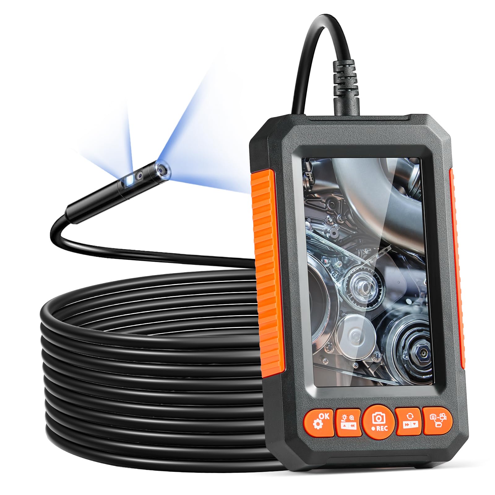 VEVOR Endoskopkamera mit 8+1 Lichtern Industrie-Endoskop mit Doppellinse 4,3-Zoll-Bildschirm 1080P-Inspektionskamera, 4-facher Zoom IP67 wasserdicht Ideal für Auto Sanitär (5 m Kabel 32 GB Karte)