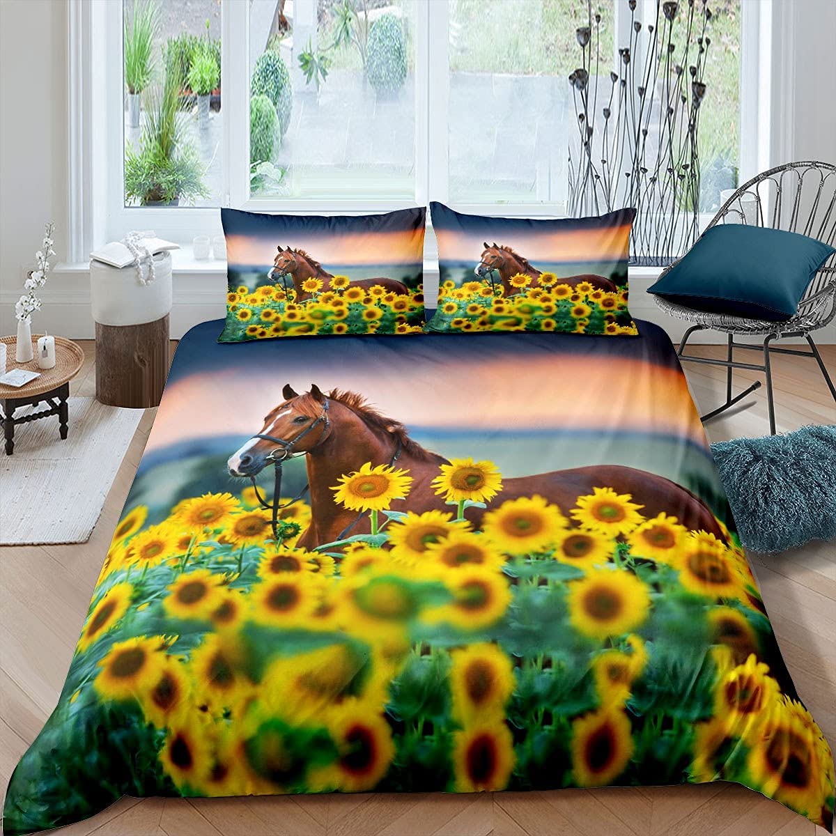 Loussiesd Brown Horse Duvet Cover Set Double Sunflower Bedding Set Animals Comforter Cover with 2 Pillowcases Microfiber 3D Print Wild Animal Quilt Cover Zipper 3 Pcs Gorgeous Luxury Chic - Image 3