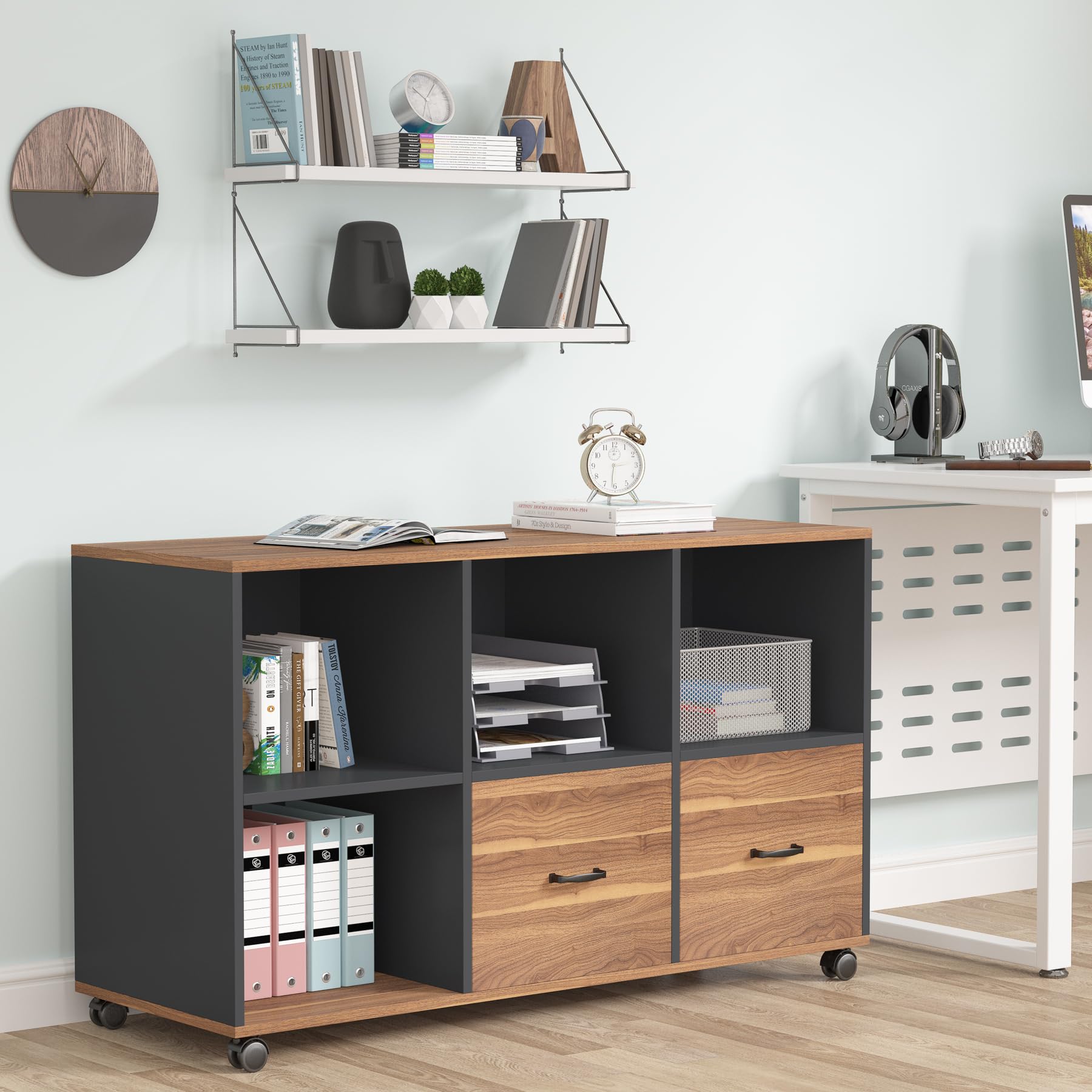 Tribesigns 2 Drawers Lateral File Cabinets, Home Office 47-inch Mobile Wood Filing Cabinet Printer Stand with Wheels and Open Storage Shelves,Drawers