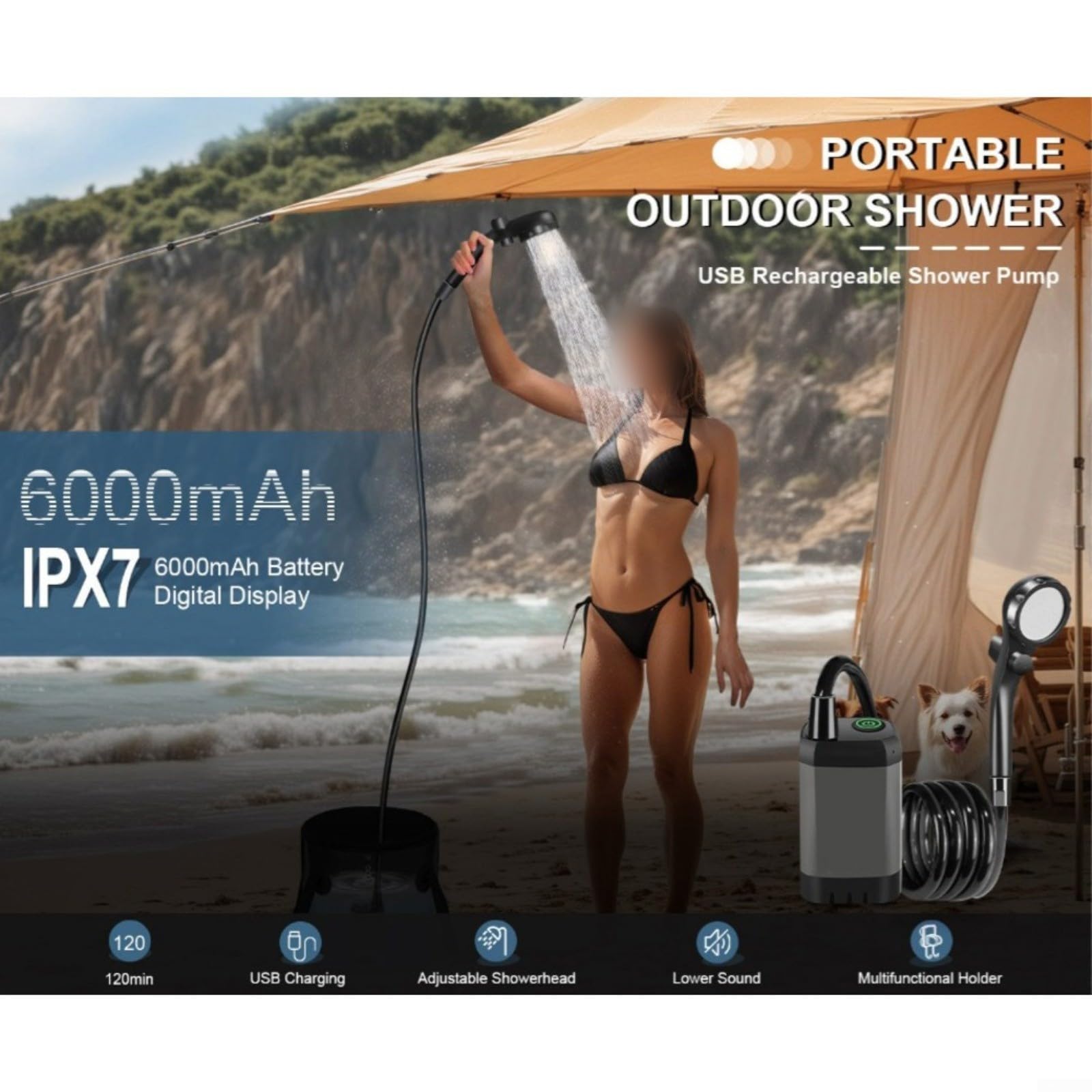 Doccia da campeggio portatile, 6000 mAh, ricaricabile tramite USB, per esterni, con display a LED, modalità regolabili, testa filtrante, per escursionismo e spiaggia (grigio)