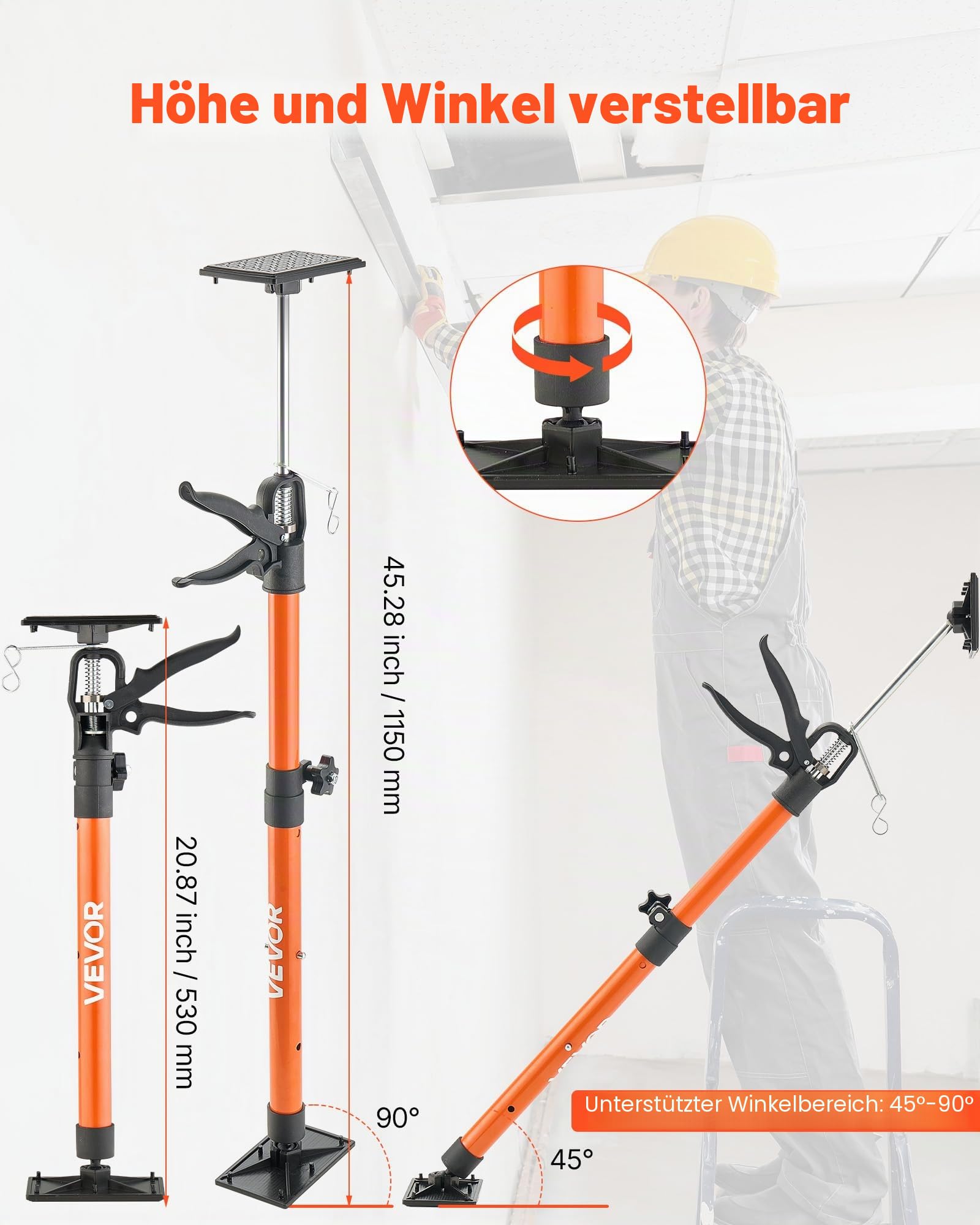 VEVOR Einhandstütze, 2 Stk., Deckenstütze 53–155cm, Teleskopstütze aus Stahl, Montagestütze bis zu 70kg Kapazität zum Installieren von Schränken, Anheben von Trockenbauwänden, Frachtstangen