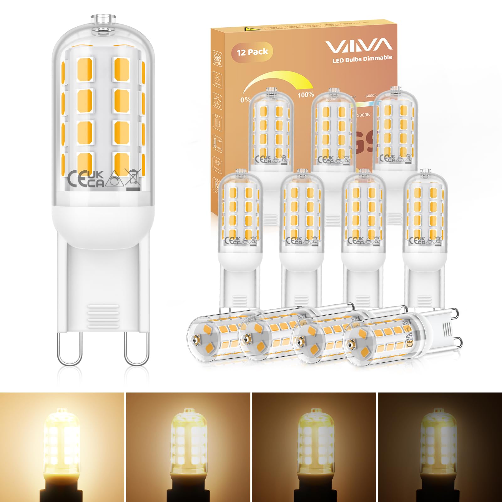 VIIIVA G9 LED Light Bulbs Dimmable 5W-12Pcs, Warm White 3000K, 500LM, Equivalent to 45W G9 Halogen Bulb, Energy Saving Bulb