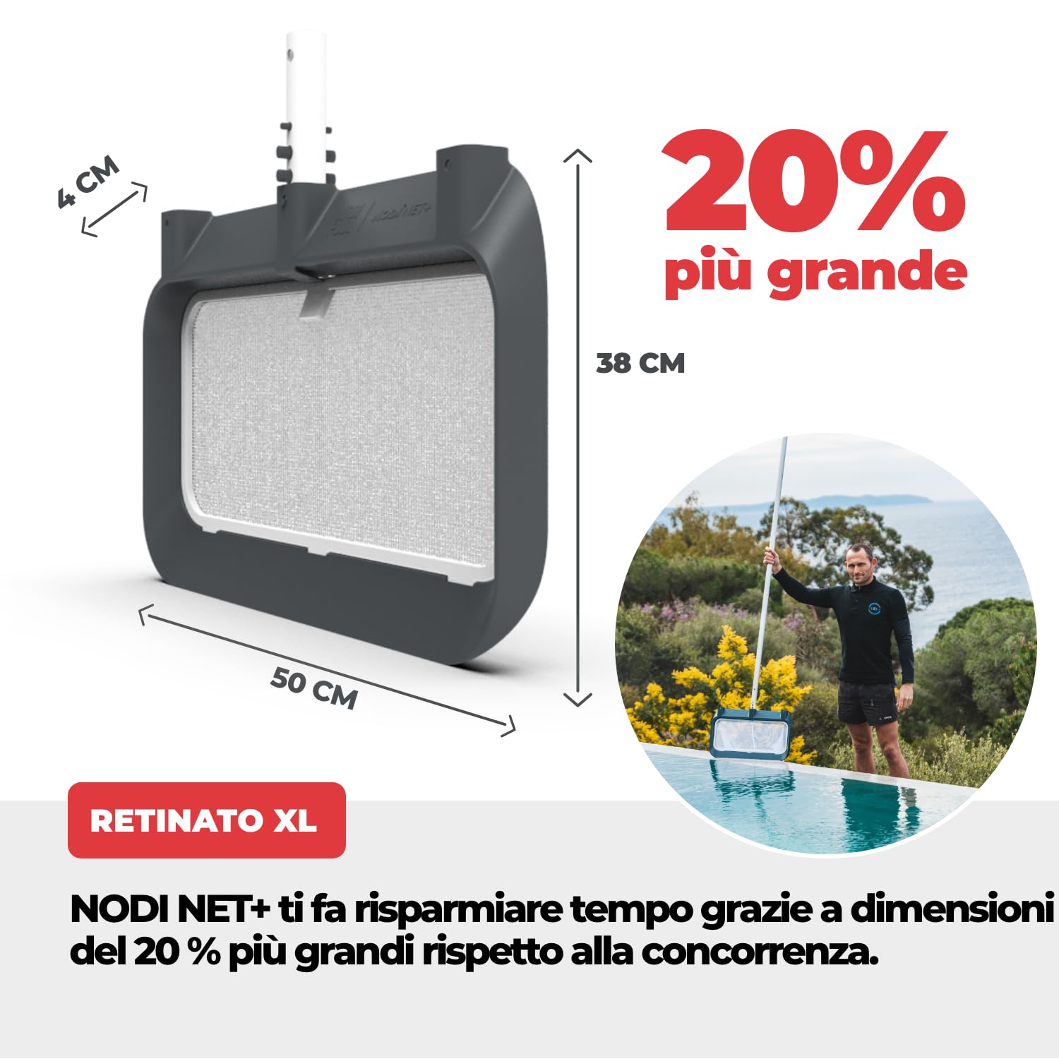 Nodi Net+ | Retino da Piscina Professionale 3-in-1 | Fondo, Superficie e Vano Tapparella Sommersa | Resistenza 32 kg | Rete Sostituibile | Duraturo ed Economico