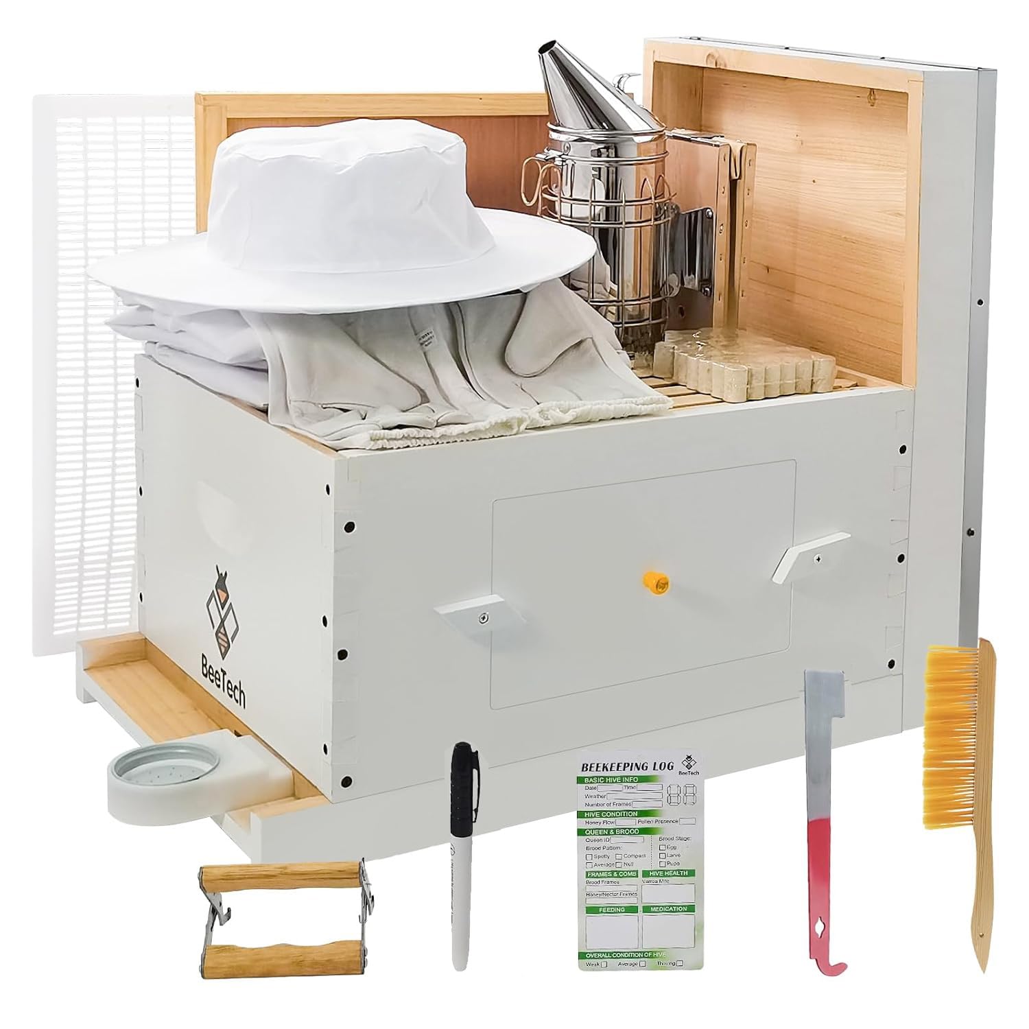 Newest Windows 10 Frame Beehive Starter Kit Hand Painted Includes Beekeeping Supplies Tools and Sting Proof Bee Suit (Assembled)