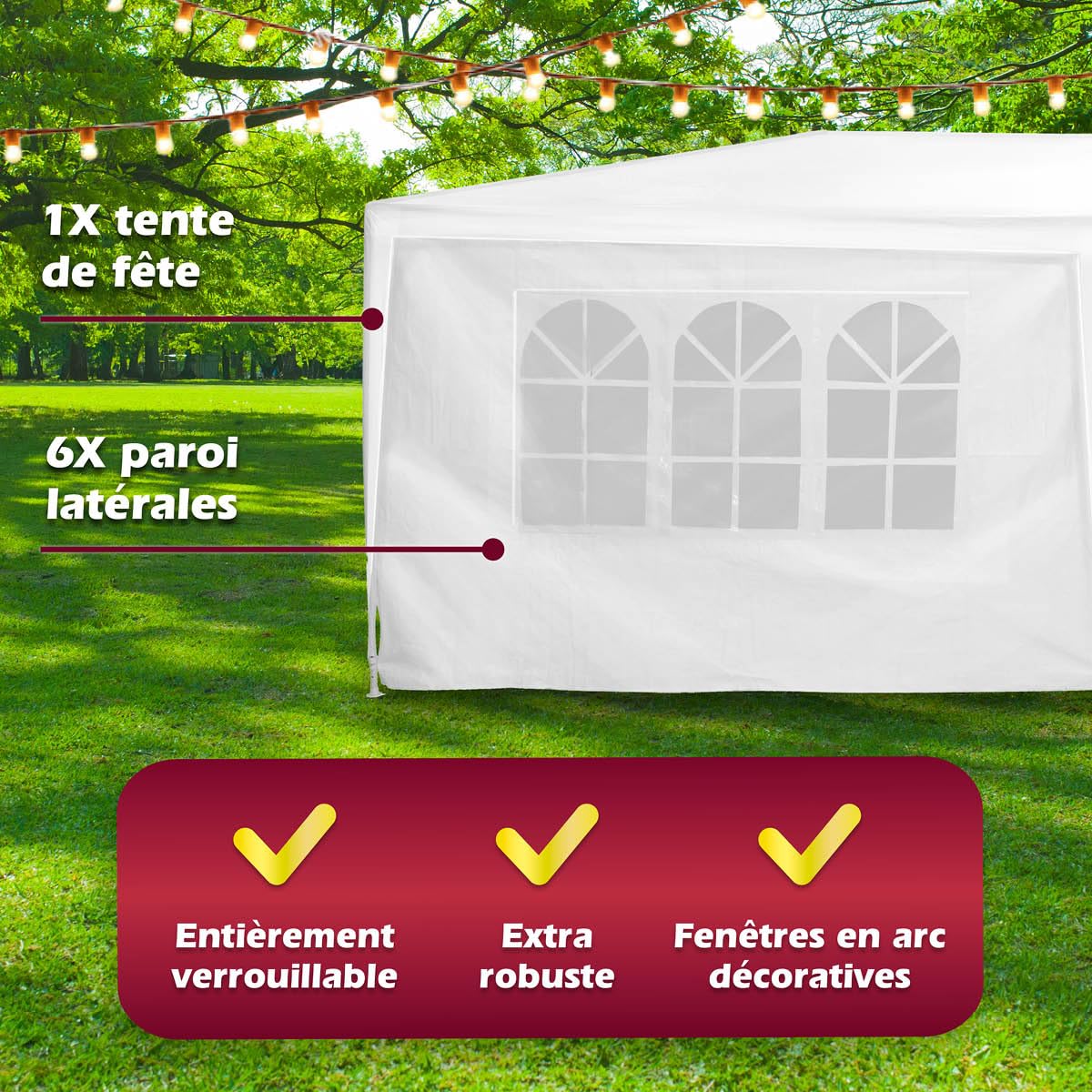 Tonnelle 3x6 Mètres – Barnum avec Parois Latérales – Chapiteau pour Jardin – Tente de Camping pour 70 Personnes – Blanc Étanche