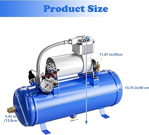 Vista 2 de Compresor de aire 150PSI 12V con tanque de 1.59 galones, bomba de 6L para bocina de camión de tren, compresor a bordo, azul
