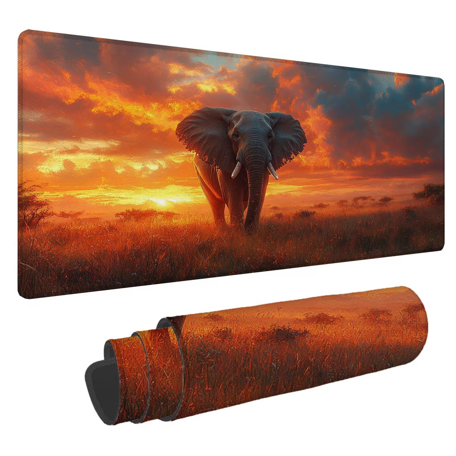 Podkładka pod mysz ze słoniem XXL zachód słońca podkładka pod mysz 1600 x 800 x 4 mm podkładka pod mysz do gier, duża wodoodporna antypoślizgowa mata na biurko, podkładka pod mysz szyte krawędzie dla