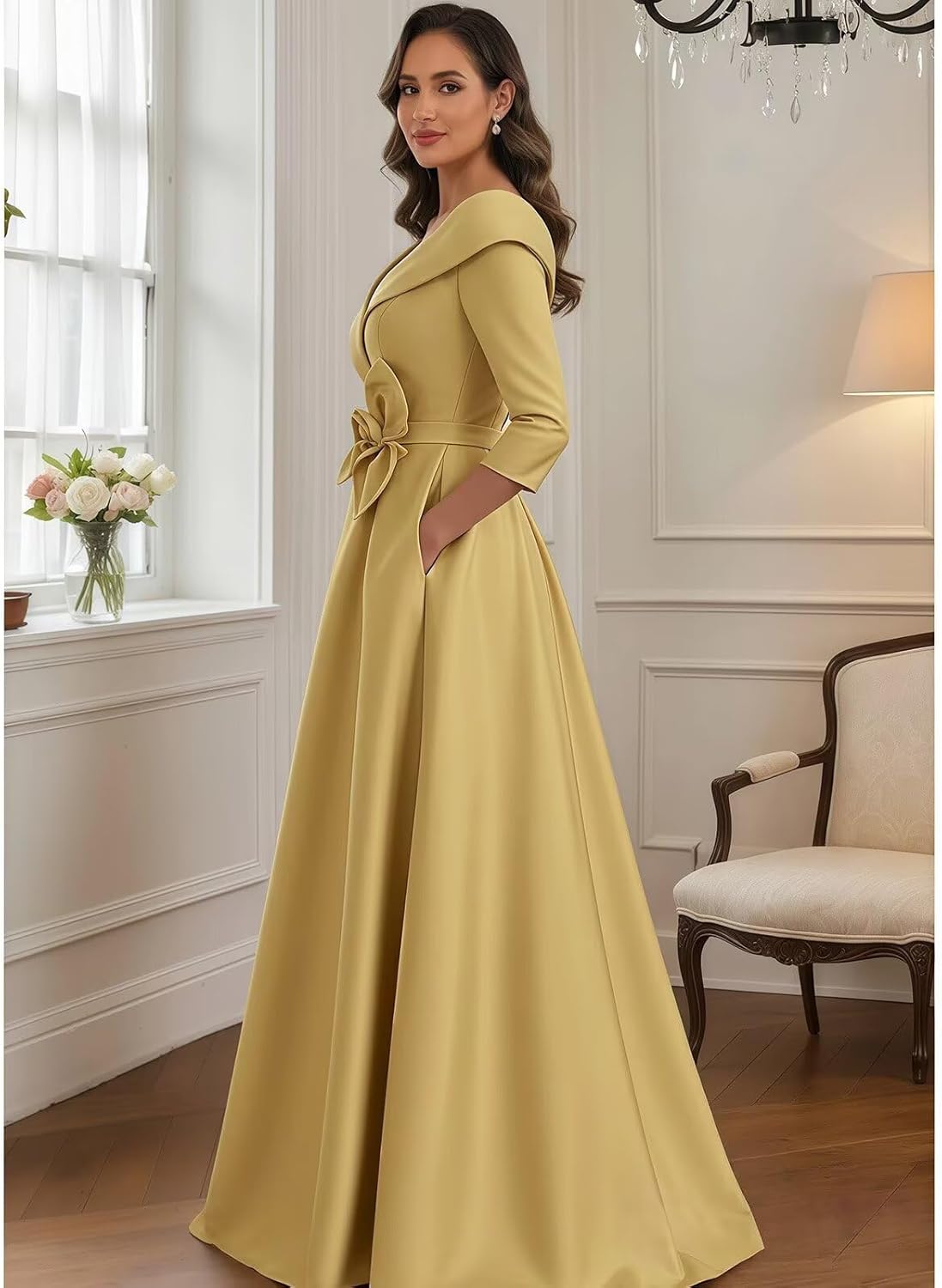 Satin Mother of The Bride Dress with 3/4 Sleeves Formal Wedding Guest Dresses for Women - Image 4