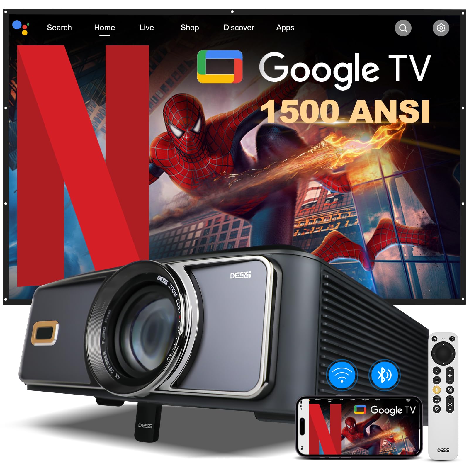[1500 ANSI] Dess 4K Projector with WiFi 6 and Bluetooth, Home Outdoor Electric Stand Movie Proyector, Auto Focus & Keystone, Native 1080P, High Contrast, Smart Projector with Netflix & Google Tv