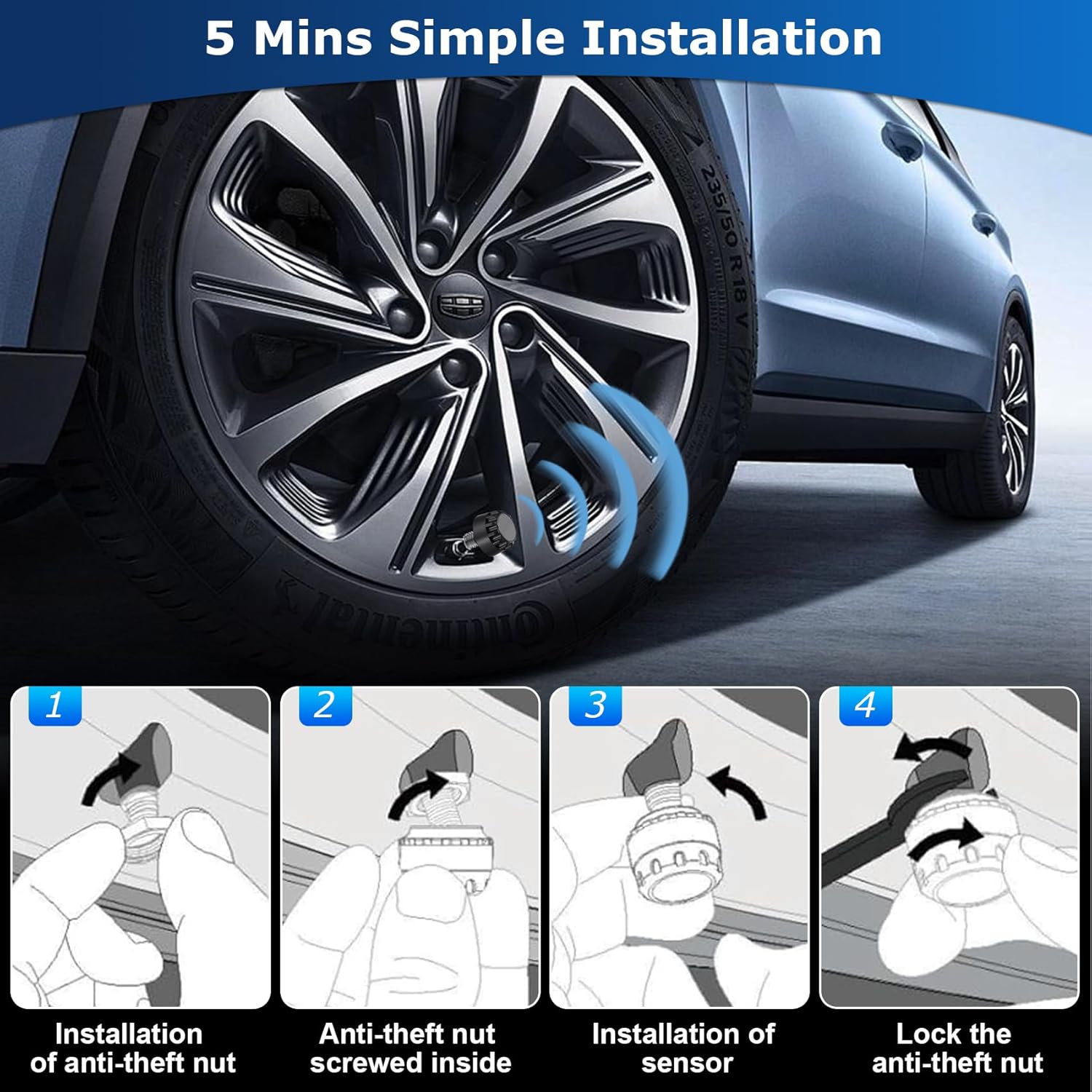 Step-by-step guide for installing the TPMS sensors with anti-theft nuts