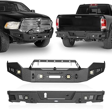 u-Box 2014 Ram 1500 Front Bumper + Rear Step Bumper Kit for 2013-2018 Dodge Ram 1500 (Exclude Rebel) & 2019-2024 Ram 1500 Classic Full Width Steel Bumper w/Winch Plate & LED Lights & D Rings