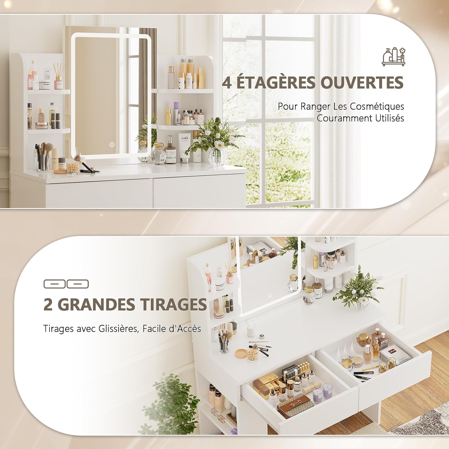 Image highlighting the vanity table's four open shelves and two large drawers for storage.