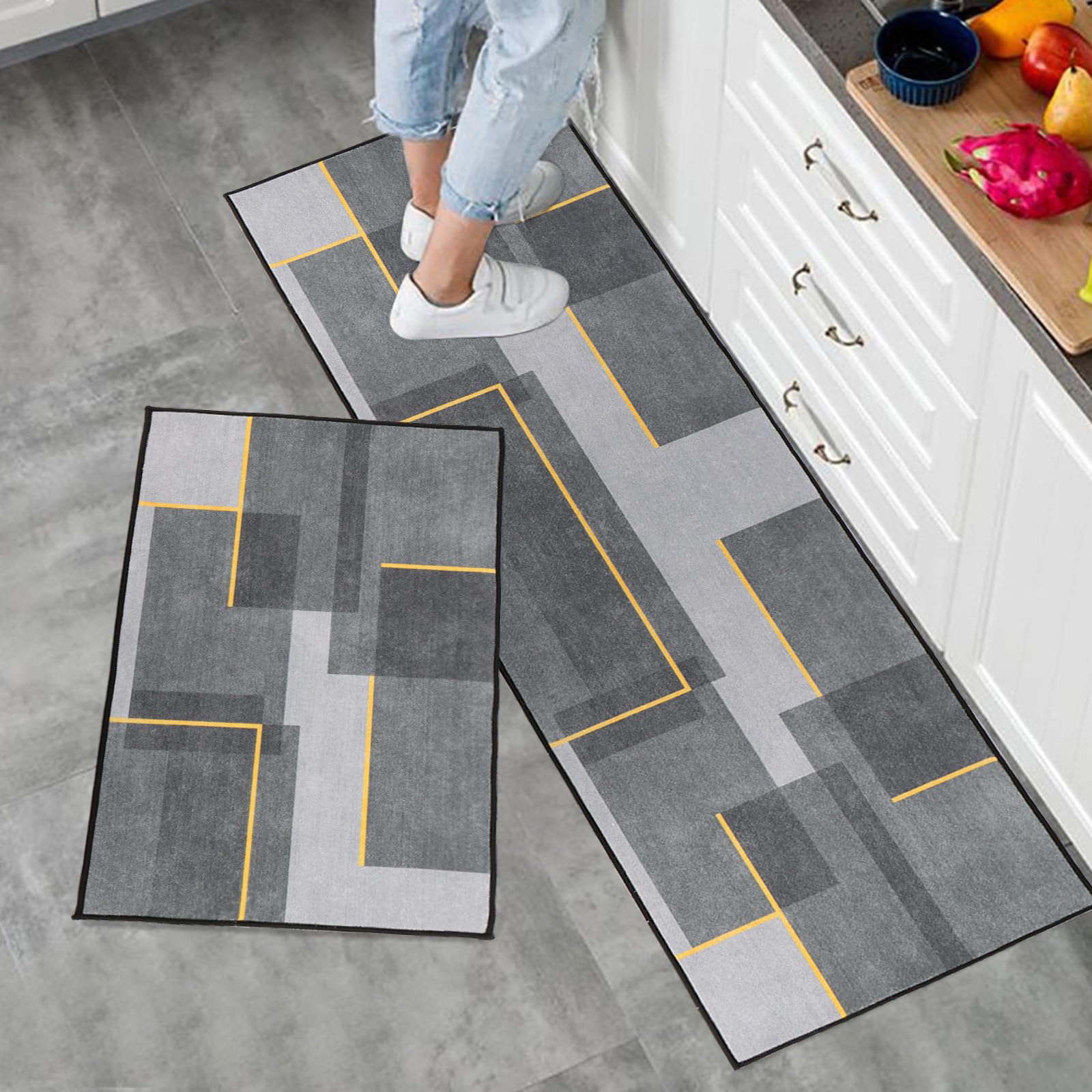 7VSTOHS Juego de Alfombras de Cocina Antideslizantes de 2 Piezas, Tapete Cocina Antideslizante Resistente al Aceite, Adecuado para Cocina, Baño, Sala de Estar, 43x75 + 43x150 cm
